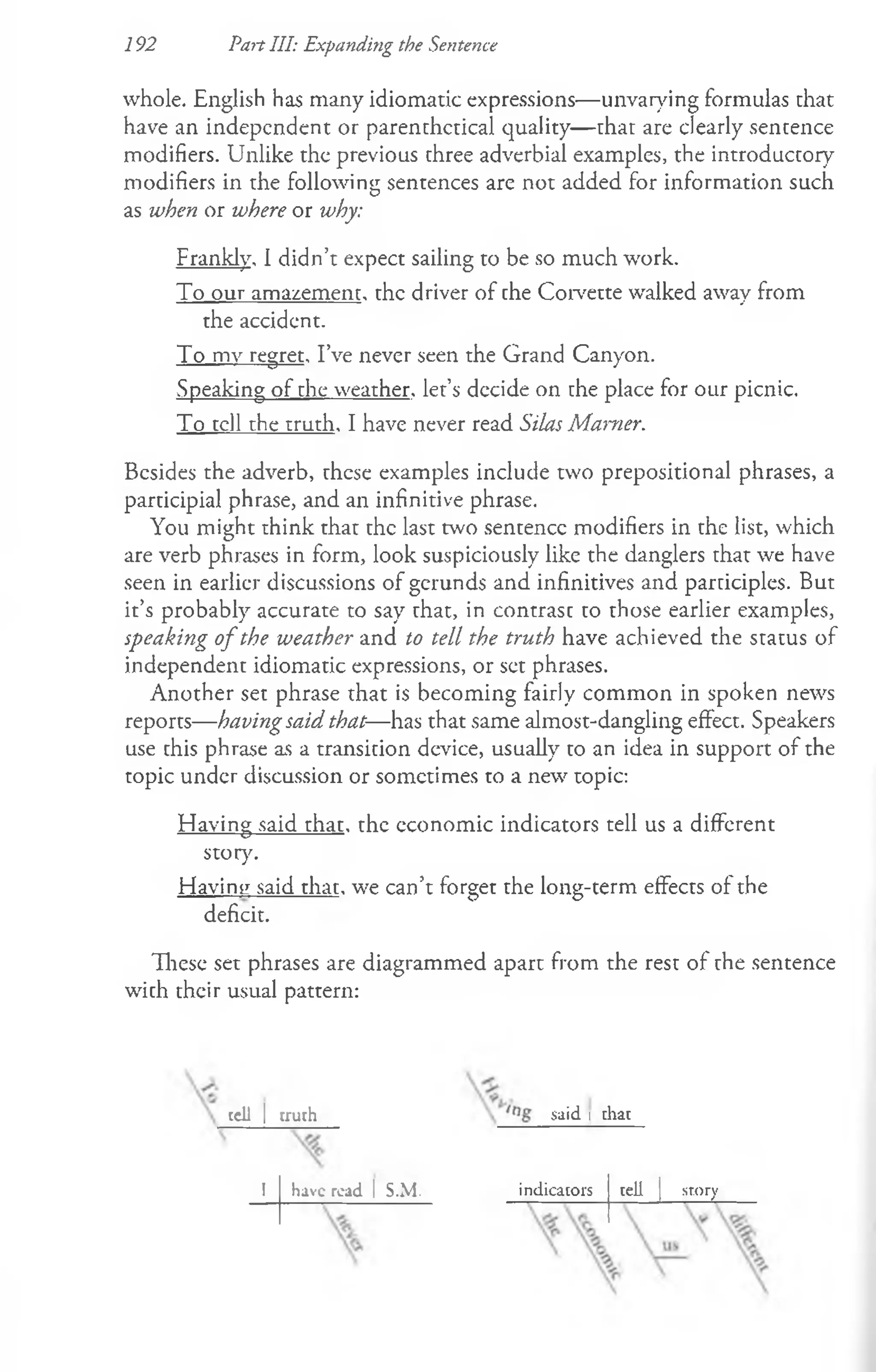 192 Part III: Expanding the Sentence
whole. English has many idiomatic expressions— unvarying formulas that
have an independent or parenthetical quality— that are clearly sentence
modifiers. Unlike the previous three adverbial examples, the introductory
modifiers in the following sentences are not added for information such
as when or where or why:
Frankly. I didn’t expect sailing to be so much work.
To our amazement, the driver of the Corvette walked away from
the accident.
To mv regret. I’ve never seen the Grand Canyon.
Speaking of the weather, let’s decide on the place for our picnic.
To tell the truth. I have never read Silas Mainer.
Besides the adverb, these examples include two prepositional phrases, a
participial phrase, and an infinitive phrase.
You might think that the last two sentence modifiers in the list, which
are verb phrases in form, look suspiciously like the danglers that we have
seen in earlier discussions of gerunds and infinitives and participles. But
it’s probably accurate to say that, in contrast to those earlier examples,
speaking o f the weather and to tell the truth have achieved the status of
independent idiomatic expressions, or set phrases.
Another set phrase that is becoming fairly common in spoken news
reports— having said that—has that same almost-dangling effect. Speakers
use this phrase as a transition device, usually to an idea in support of the
topic under discussion or sometimes to a new topic:
Having said that, the economic indicators tell us a different
story.
Having said that, we can’t forget the long-term effects of the
deficit.
These set phrases are diagrammed apart from the rest of the sentence
with their usual pattern:
tell | truth
I have read I S.M.
said i that
indicators tell | story
 