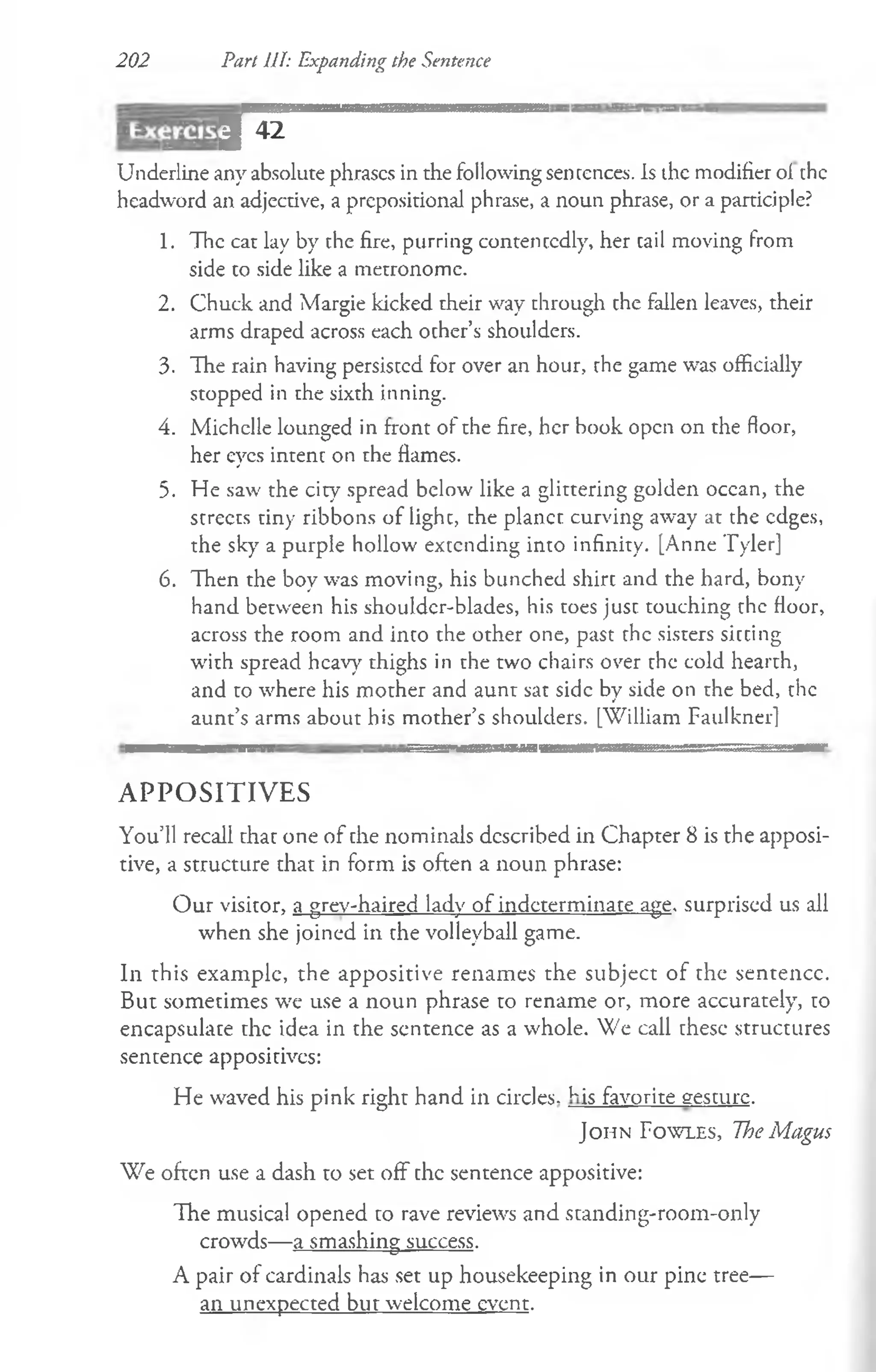 202 Part III: Expanding the Sentence
3 42
Underline any absolute phrases in the following sentences. Is die modifier ol the
headword an adjective, a prepositional phrase, a noun phrase, or a participle?
1. The cat lay by the fire, purring contentedly, her cail moving from
side to side like a metronome.
2. Chuck and Margie kicked their way through the fallen leaves, their
arms draped across each ocher’s shoulders.
3. The rain having persisted for over an hour, the game was officially
stopped in the sixth inning.
4. Michelle lounged in front of the fire, her book open on the floor,
her eyes intent on the flames.
5. He saw the city spread below like a glittering golden ocean, the
streets tiny ribbons of light, the planet curving away at the edges,
the sky a purple hollow extending into infinity. [Anne Tyler]
6. Then the boy was moving, his bunched shire and the hard, bony
hand between his shoulder-blades, his toes just touching the floor,
across the room and into the other one, past the sisters sitting
with spread heavy thighs in the two chairs over the cold hearth,
and to where his mother and aunt sat side by side on the bed, the
aunt’s arms about his mother’s shoulders. [William Faulkner]
A P P O S IT IV E S
You’ll recall chat one of che nominals described in Chapter 8 is the apposi­
tive, a structure that in form is often a noun phrase:
Our visitor, a grev-haired lady of indeterminate age, surprised us all
when she joined in the volleyball game.
In this example, the appositive renames the subject of the sentence.
But sometimes we use a noun phrase to rename or, more accurately, to
encapsulate the idea in the sentence as a whole. We call these structures
sentence appositives:
He waved his pink right hand in circles- ;~is favorite gesture.
J o h n F o w le s , The Magus
We often use a dash to set off the sentence appositive:
The musical opened to rave reviews and standing-room-only
crowds— a smashing success.
A pair of cardinals has set up housekeeping in our pine tree—
an unexpected but welcome event.
 