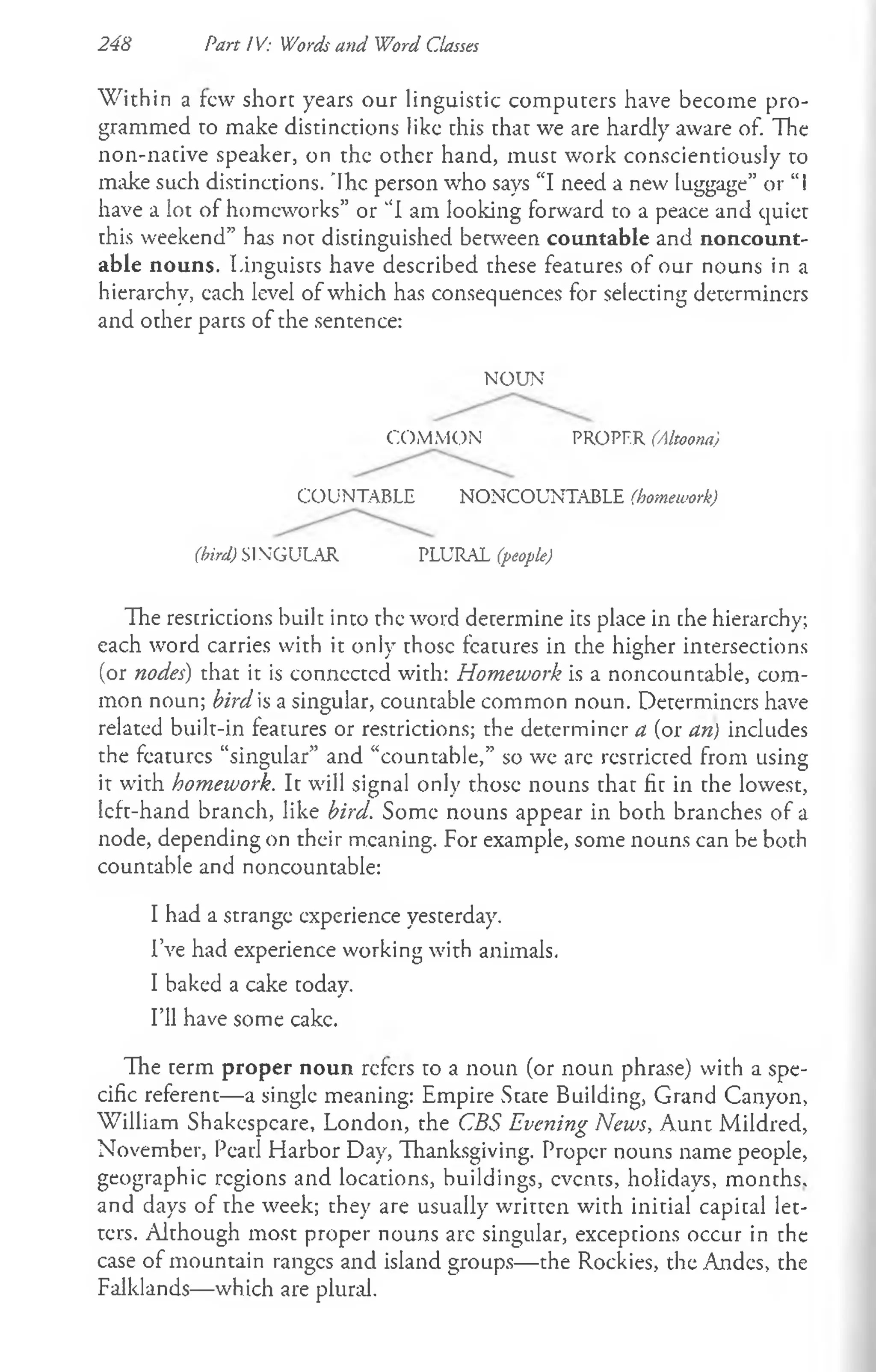 248 Part IV: Words and Word Classes
W ithin a few short years our linguistic computers have become pro­
grammed to make distinctions like this that we are hardly aware of. The
non-native speaker, on the other hand, must work conscientiously to
make such distinctions. 'Ihe person who says “I need a new luggage” or “I
have a lot of homeworks” or “I am looking forward to a peace and quiet
this weekend” has not distinguished between countable and noncount­
able nouns. Linguists have described these features of our nouns in a
hierarchy, each level of which has consequences for selecting determiners
and other pares of the sentence:
N O U N
C O M M O N PROPF.R (Altoona)
COUNTABLE NO N CO U N TA BLE (homework)
(bird) SINGULAR PLURAL (people)
The restrictions built into the word determine its place in the hierarchy;
each word carries with it only those features in the higher intersections
(or nodes) that it is connected with: Homework is a noncountable, com­
mon noun; bird is a singular, countable common noun. Determiners have
related built-in features or restrictions; the determiner a (or an) includes
the features “singular” and “countable,” so we arc restricted from using
it with homework. It will signal only those nouns that fit in the lowest,
left-hand branch, like bird. Some nouns appear in both branches of a
node, depending on their meaning. For example, some nouns can be both
countable and noncountable:
I had a strange experience yesterday.
I’ve had experience working with animals.
I baked a cake today.
I’ll have some cake.
The term proper noun refers to a noun (or noun phrase) with a spe­
cific referent—a single meaning: Empire State Building, Grand Canyon,
William Shakespeare, London, the CBS Evening News, Aunt Mildred,
November, Pearl Harbor Day, Thanksgiving. Proper nouns name people,
geographic regions and locations, buildings, events, holidays, months,
and days of the week; they are usually written with initial capital let­
ters. Although most proper nouns are singular, exceptions occur in the
case of mountain ranges and island groups— the Rockies, the Andes, the
Falklands— which are plural.
 