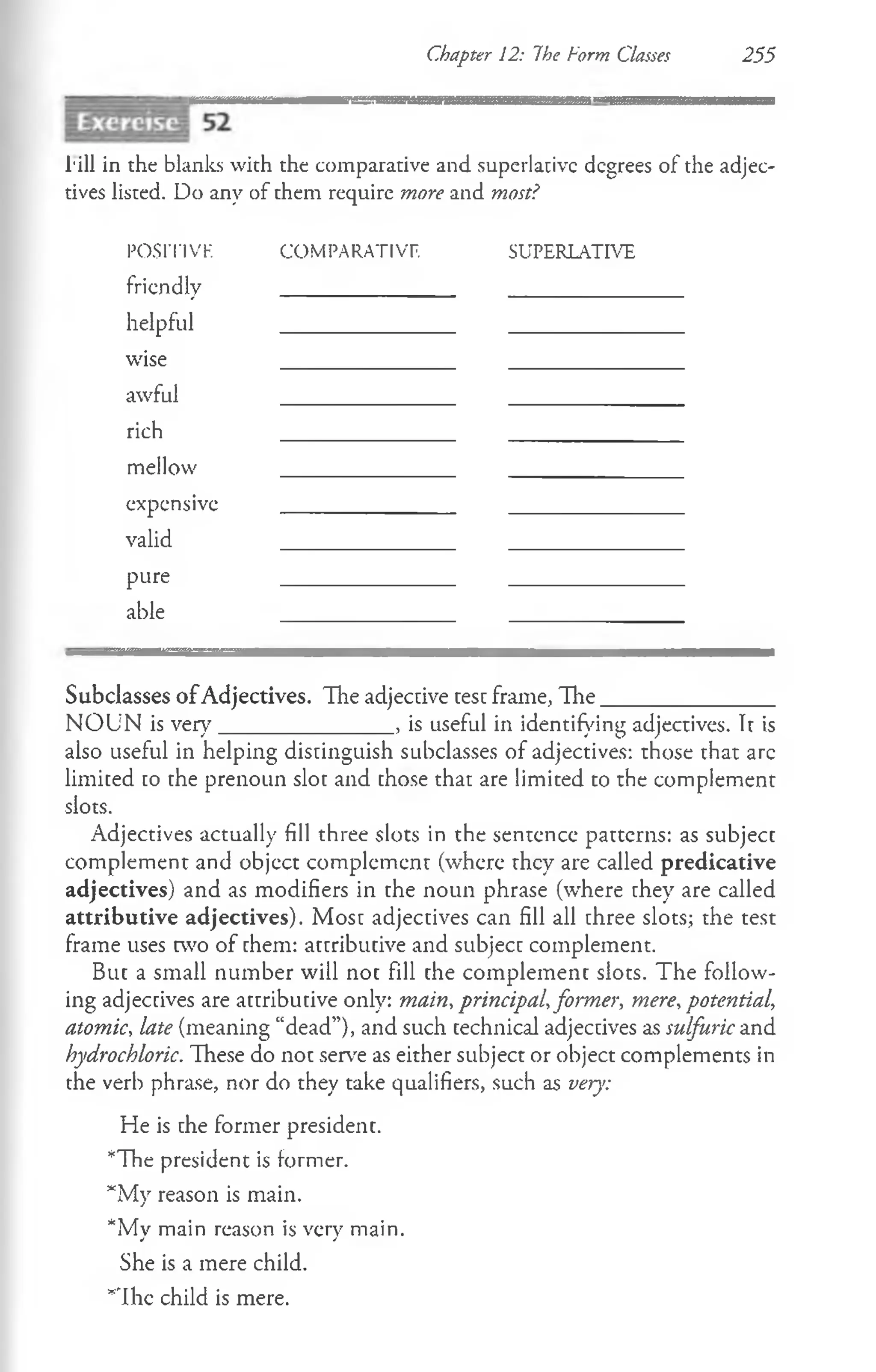 Chapter 12: The Form Classes 255
1'ill in the blanks with the comparative and superlative degrees of the adjec­
tives listed. Do any of them require more and most?
PO.S1TIVK COM PARATIVE SUPERLATIVE
friendly ________________ ________________
helpful ________________ ________________
wise ________________ ________________
awful ________________ ________________
rich ________________ ________________
mellow _______________ _______________
expensive ________________ ________________
valid ________________ ________________
pure ________________ ________________
able ________________ ________________
Subclasses of Adjectives. The adjective test frame, The_______________
NOUN is very_______________ , is useful in identifying adjectives. Tt is
also useful in helping distinguish subclasses of adjectives: tbose that arc
limited to the prenoun slot and those that are limited to the complement
slots.
Adjectives actually fill three slots in the sentence patterns: as subject
complement and object complement (where they are called predicative
adjectives) and as modifiers in the noun phrase (where they are called
attributive adjectives). Most adjectives can fill all three slots; the test
frame uses two of them: attributive and subject complement.
But a small number will not fill the complement slots. The follow­
ing adjectives are attributive only: main, principal, fanner, mere, potential,
atomic, late (meaning “dead”), and such technical adjectives as sulfuric and
hydrochloric. These do not serve as either subject or object complements in
the verb phrase, nor do they take qualifiers, such as very:
He is the former president.
*The president is former.
*My reason is main.
‘Mv main reason is verv main.
j j
She is a mere child.
*'Ihc child is mere.
 