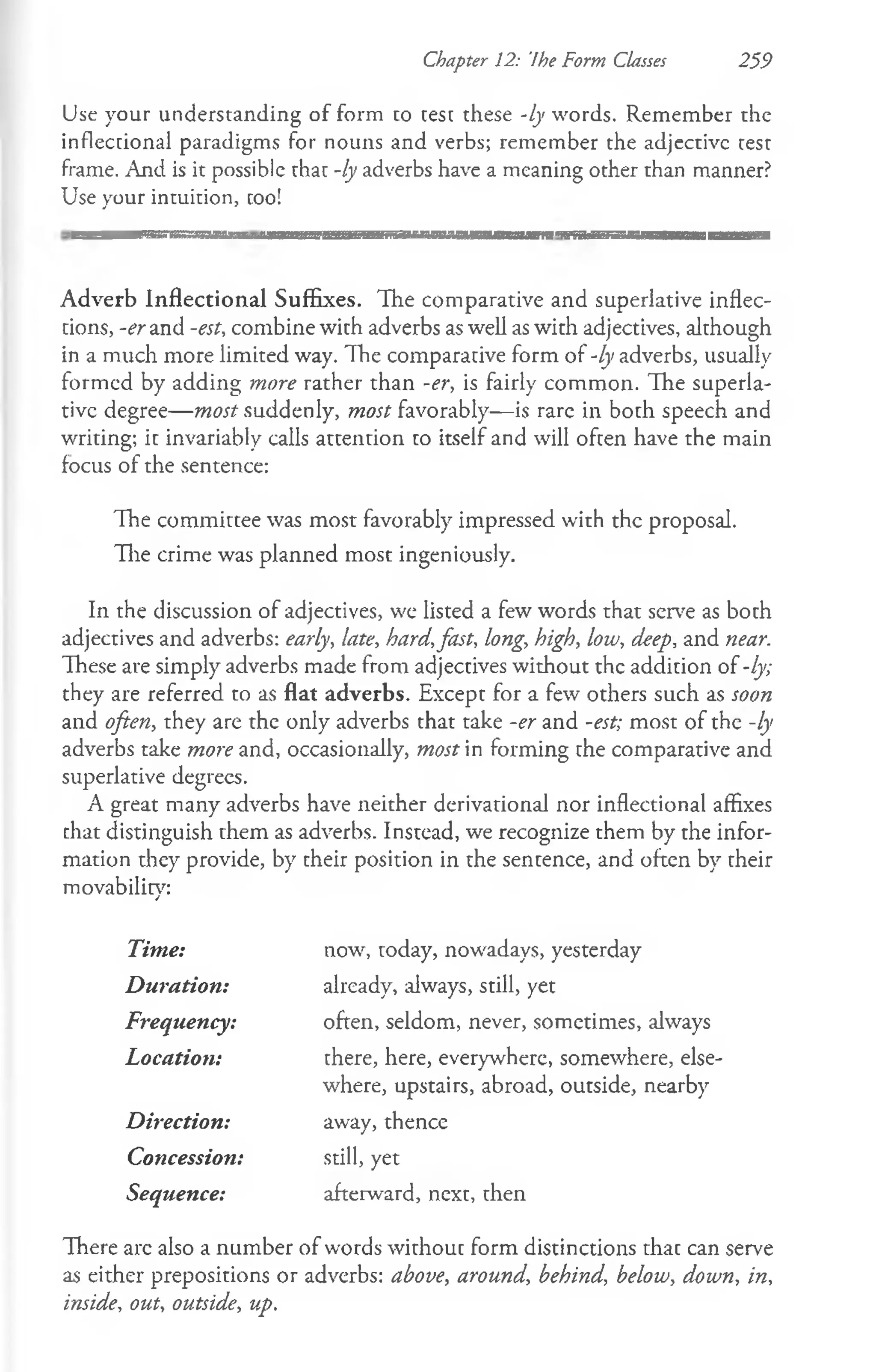 Chapter 12: The Form Classes 259
Use your understanding of form to test these -ly words. Remember the
inflectional paradigms for nouns and verbs; remember the adjective test
frame. And is it possible that -ly adverbs have a meaning other than manner?
Use your intuition, too!
- -----------------1 a n a e m n T -m m ,, — B M M i a ---------------T I T H i l l l i b ! I l l ' --------------------- irTTTTTm TTM IM H------
Adverb Inflectional Suffixes. The comparative and superlative inflec­
tions, -er and -est, combine with adverbs as well as with adjectives, although
in a much more limited way. The comparative form of -ly adverbs, usually
formed by adding more rather than -er, is fairly common. The superla­
tive degree— most suddenly, most favorably— is rare in both speech and
writing; it invariably calls attention to itself and will often have the main
focus of the sentence:
The committee was most favorably impressed with the proposal.
The crime was planned most ingeniously.
In the discussion of adjectives, we listed a few words that serve as both
adjectives and adverbs: early, late, hard,fast, long, high, low, deep, and near.
These are simply adverbs made from adjectives without the addition of -ly;
they are referred to as flat adverbs. Except for a few others such as soon
and often, they are the only adverbs that take -er and -est; most of the -ly
adverbs take more and, occasionally, most in forming the comparative and
superlative degrees.
A great many adverbs have neither derivational nor inflectional affixes
chat distinguish them as adverbs. Instead, we recognize them by the infor­
mation they provide, by their position in the sentence, and often by their
movabilitv:
✓
Time: now, today, nowadays, yesterday
Duration: already, always, still, yet
Frequency: often, seldom, never, sometimes, always
Location: there, here, everywhere, somewhere, else­
where, upstairs, abroad, outside, nearby
Direction: away, thence
Concession: still, yet
Sequence: afterward, next, then
There arc also a number of words without form distinctions that can serve
as either prepositions or adverbs: above, around, behind, below, down, in,
inside, out, outside, up.
 