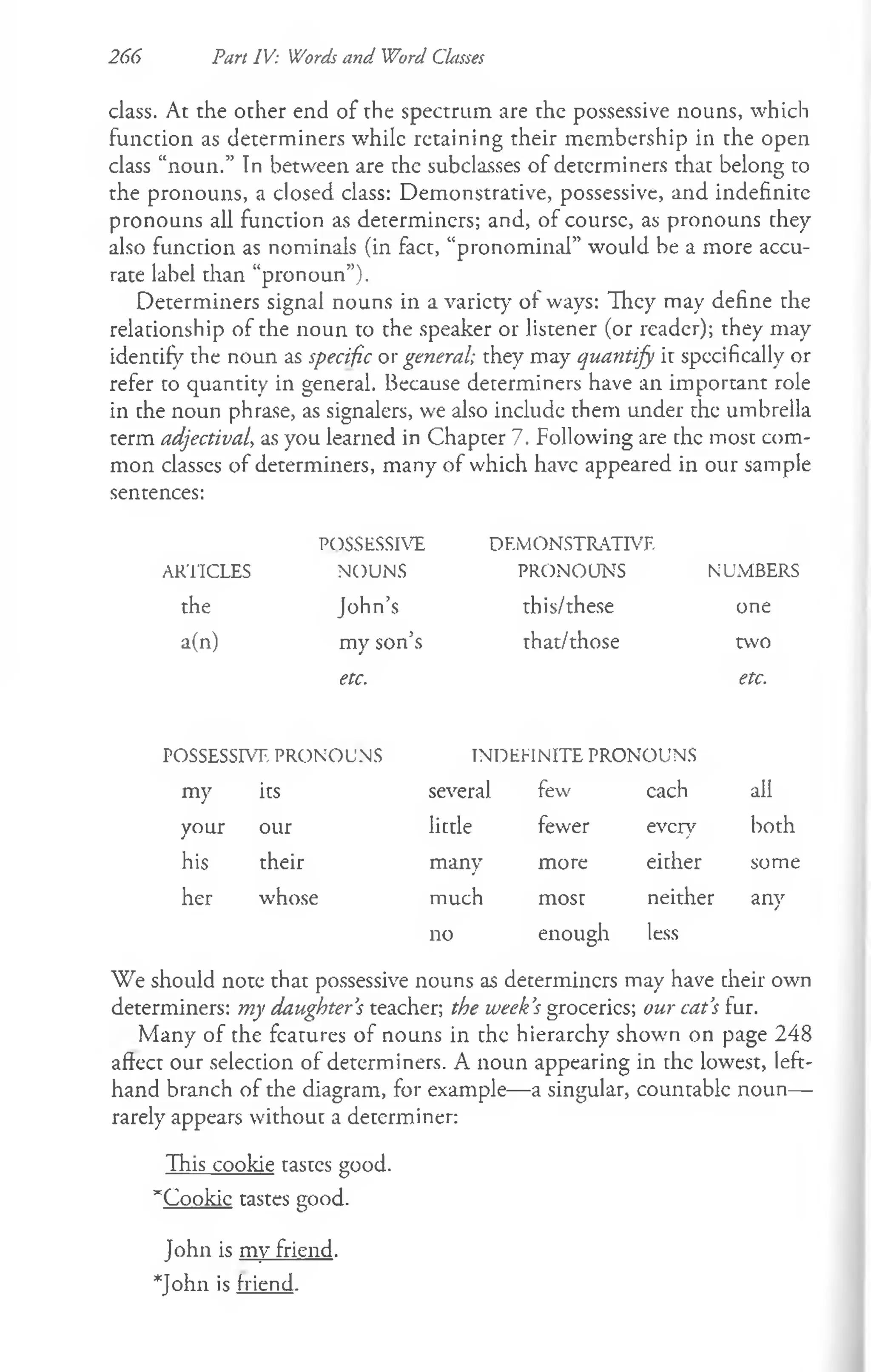 266 Part IV: Words and Word Classes
class. At the other end of the spectrum are the possessive nouns, which
function as determiners while retaining their membership in the open
class “noun.” In between are the subclasses of determiners that belong to
the pronouns, a closed class: Demonstrative, possessive, and indefinite
pronouns all function as determiners; and, of coursc, as pronouns they
also function as nominals (in fact, “pronominal” would be a more accu­
rate label than “pronoun”).
Determiners signal nouns in a variety of ways: They may define the
relationship of the noun to the speaker or listener (or reader); they may
identify the noun as specific or general; they may quantify it specifically or
refer to quantity in general. Because determiners have an important role
in the noun phrase, as signalers, we also include them under the umbrella
term adjectival, as you learned in Chapter 7. Following are the most com­
mon classes of determiners, many of which have appeared in our sample
sentences:
POSSESSIVE DEM ONSTRATIVE
ARTICLES N O U N S PRO N O U N S NUMBERS
the John’s this/these one
a(n) my son’s that/those two
etc. etc.
POSSESSIVE PR O N O U N S IN D EFIN ITE PRO N O U N S
my its several few each all
your our little fewer every both
his their many more either some
her whose much most neither anv
/
no enough less
We should note that possessive nouns as determiners may have their own
determiners: my daughter’
s teacher; the week’
s groceries; our cat’
s fur.
Many of the features of nouns in the hierarchy shown on page 248
affect our selection of determiners. A noun appearing in the lowest, left-
hand branch of the diagram, for example— a singular, countable noun—
rarely appears without a determiner:
This cookie tastes good.
"Cookie tastes good.
John is my friend.
*John is friend.
 