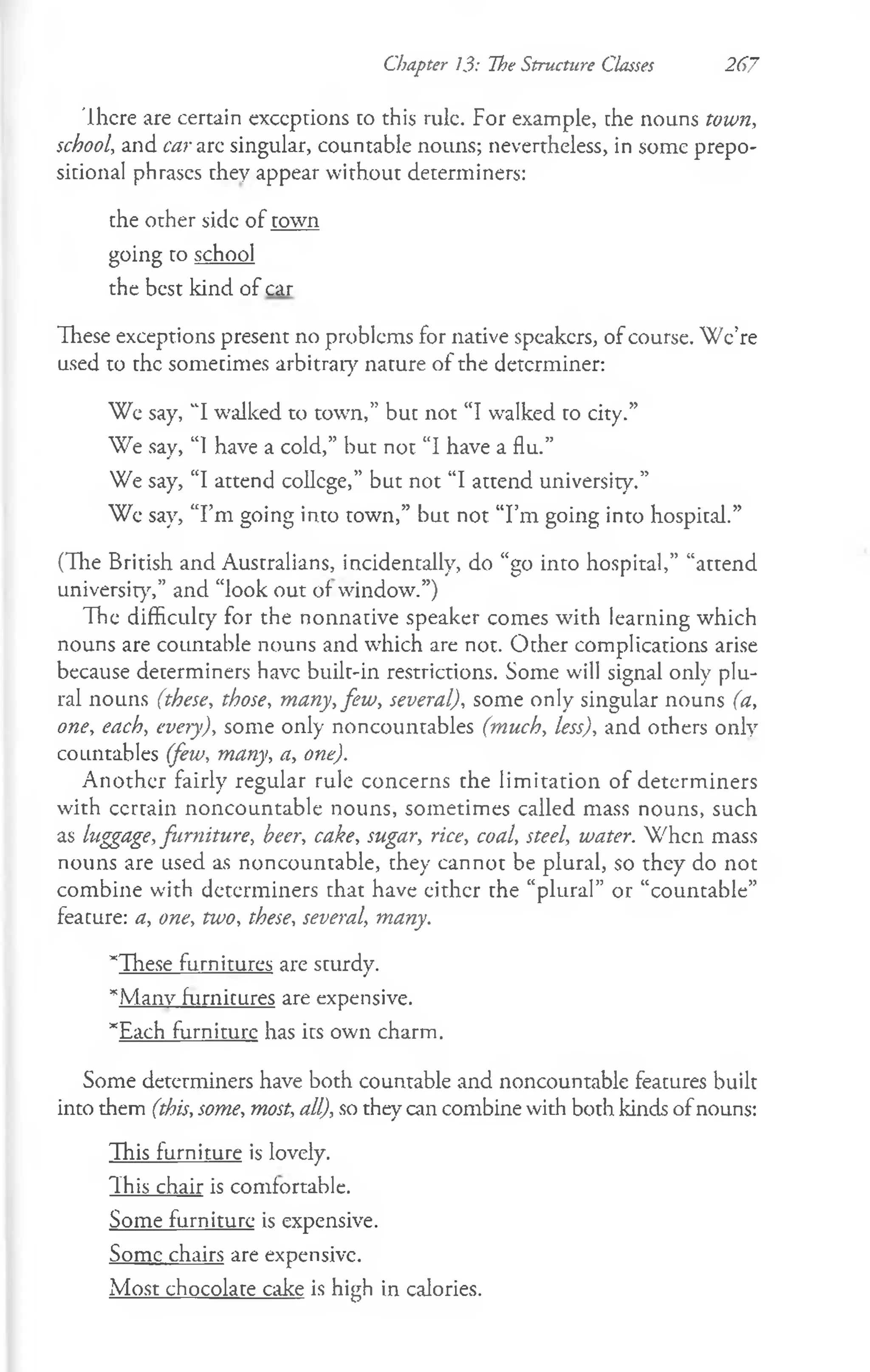 Chapter 13: The Structure Classes 267
There are certain exceptions to this rule. For example, the nouns town,
school, and car arc singular, countable nouns; nevertheless, in some prepo­
sitional phrases they appear without determiners:
the other side of town
going to school
the best kind of car
These exceptions present no problems for native speakers, of course. W e’re
used to the sometimes arbitrary nature of the determiner:
Wc say, “I walked to town,” but not “I walked to city.”
We say, “1 have a cold,” but not “I have a flu.”
We say, “I attend college,” but not “I attend university.”
Wc say, “I’m going into town,” but not “I’m going into hospital.”
(The British and Australians, incidentally, do “go into hospital,” “attend
university,” and “look out of window.”)
The difficulty for the nonnative speaker comes with learning which
nouns are countable nouns and which are not. Other complications arise
because determiners have built-in restrictions. Some will signal only plu­
ral nouns (these, those, many, few, several), some only singular nouns (a,
one, each, every), some only noncountables (much, less), and others only
countables (few, many, a, one).
Another fairly regular rule concerns the lim itation of determiners
with ccrtain noncountable nouns, sometimes called mass nouns, such
as luggage, furniture, beer, cake, sugar, rice, coal, steel, water. W hen mass
nouns are used as noncountable, they cannot be plural, so they do not
combine with determiners that have either the “plural” or “countable”
feature: a, one, two, these, several, many.
"These furnitures are sturdy.
*M.anv furnitures are expensive.
"Each furniture has its own charm.
Some determiners have both countable and noncountable features built
into them (this, some, most, all), so they can combine with both kinds ofnouns:
This furniture is lovely.
Th is chair is comfortable.
Some furniture is expensive.
Some chairs are expensive.
Most chocolate cake is high in calories.
 