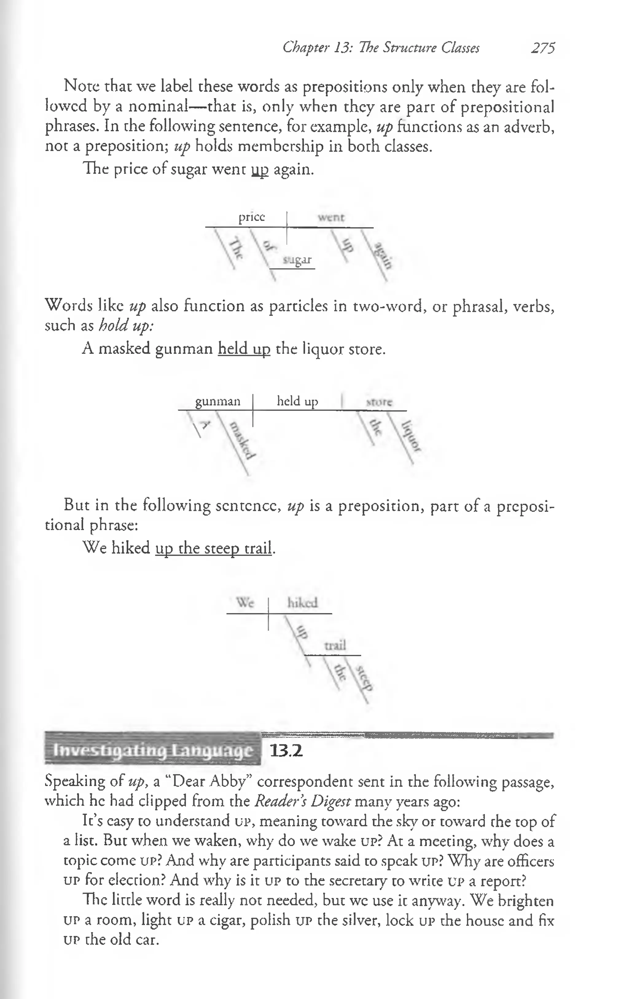 Chapter 13: The Structure Classes 275
Note that we label these words as prepositions only when they are fol­
lowed by a nominal— that is, only when they are part of prepositional
phrases. In the following sentence, for example, up functions as an adverb,
not a preposition; up holds membership in both classes.
The price of sugar went up again.
pncc
Jg.1T
Words like up also function as particles in two-word, or phrasal, verbs,
such as hold up:
A masked gunman held up the liquor store.
gunman
V
held up
But in the following scntcncc, up is a preposition, part of a preposi­
tional phrase:
We hiked up the steep trail.
13.2
Speaking of up, a “Dear Abby” correspondent sent in the following passage,
which he had clipped from the Reader’
s Digest many years ago:
Ic’s easy to understand u p , meaning toward the sky or toward rhe top of
a list. But when we waken, why do we wake u p ? At a meeting, why does a
topic come UP? And why are participants said to speak u p ? Why are officers
u p for election? And why is it u p to the secretary to wrice u p a report?
The little word is really not needed, but we use ic anyway. We brighten
u p a room, light u p a cigar, polish u p the silver, lock u p the house and fix
u p the old car.
 