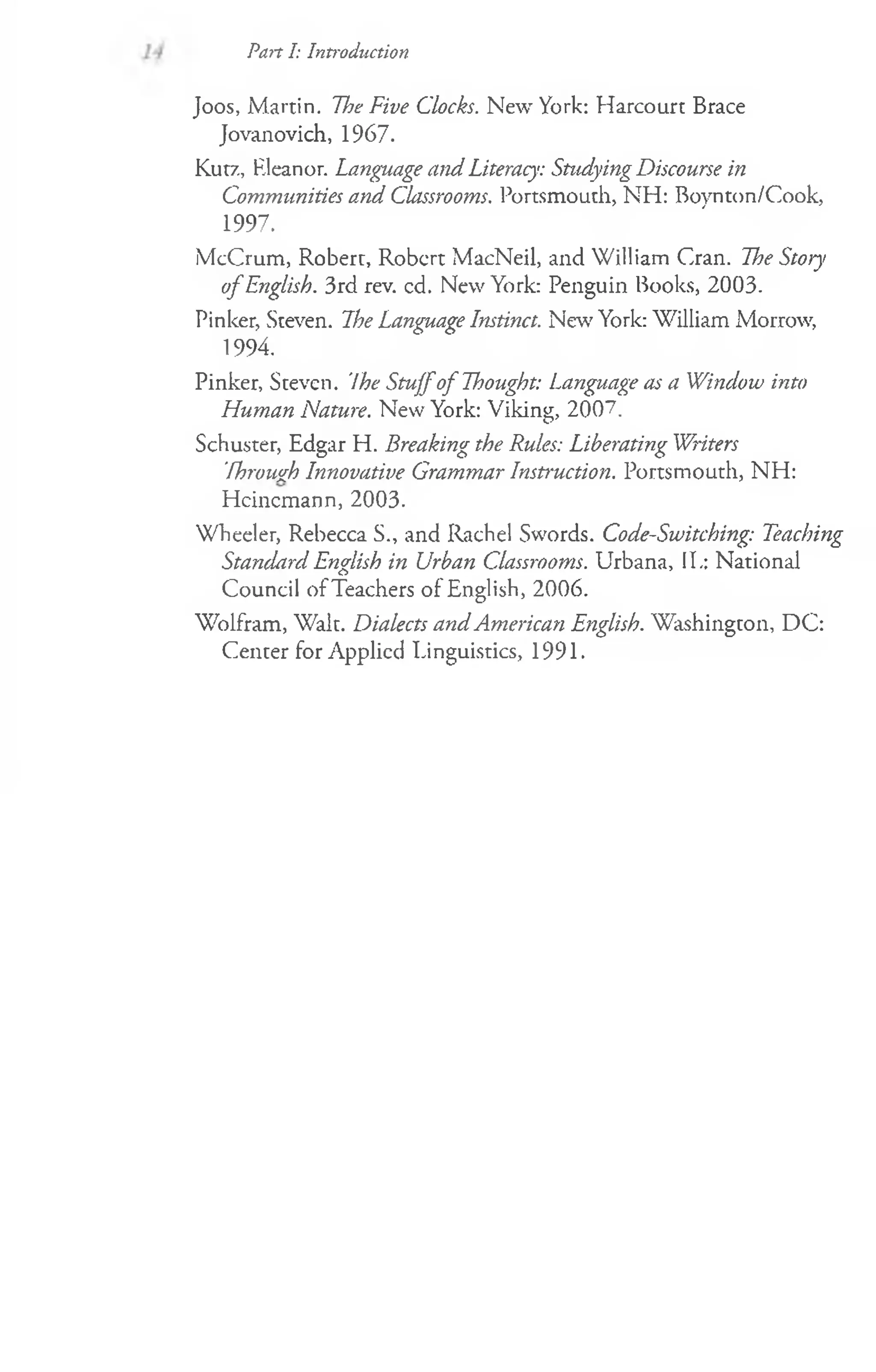 Part I: Introduction
Joos, Martin. The Five Clocks. New York: Harcourt Brace
Jovanovich, 1967.
Kut7., Eleanor. Language and Literacy: Studying Discourse in
Communities and Classrooms. Portsmouth, NH: Boynton/Cook,
1997.
McCrum, Robert, Robert MacNeil, and William Cran. The Stor)’
of English. 3rd rev. cd. New York: Penguin Books, 2003.
Pinker, Steven. 1be Language Instinct. New York: William Morrow,
1994.
Pinker, Steven. 'Ihe Stuffof Thought: Language as a Window into
Human Nature. New York: Viking, 2007.
Schuster, Edgar H. Breaking the Rules: Liberating Writers
Through Innovative Grammar Inspection. Portsmouth, NH:
Hcincmann, 2003.
Wheeler, Rebecca S., and Rachel Swords. Code-Switching: Teaching
Standard English in Urban Classrooms. Urbana, II.: National
Council of Teachers of English, 2006.
Wolfram, Walt. Dialects and American English. Washington, DC:
Center for Applied Linguistics, 1991.
 