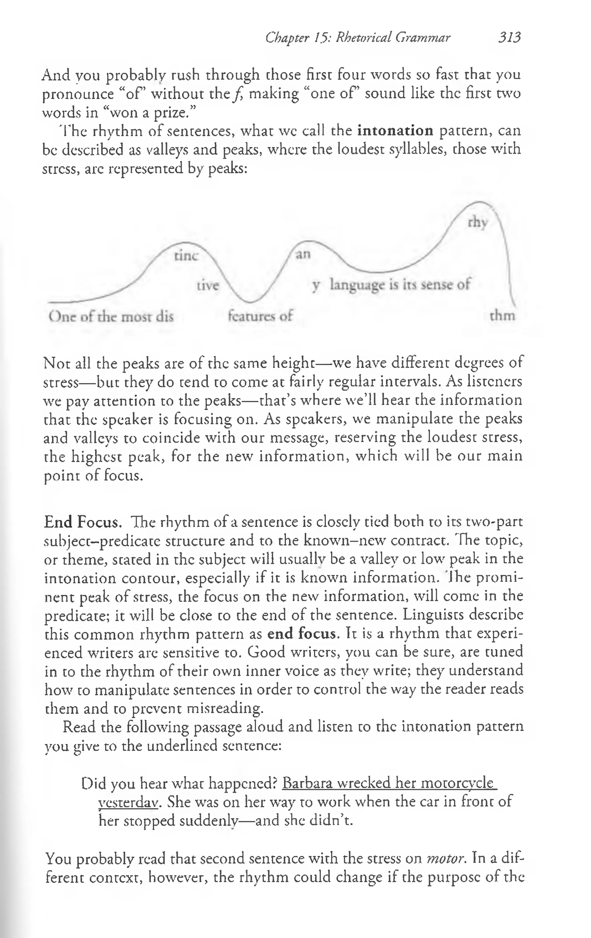 Chapter 1.5: Rhetorical Grammar 313
And you probably rush through chose firsr four words so fast that you
pronounce “o f’ without the f making “one o f’ sound like the first two
words in “won a prize.”
The rhythm of sentences, what wc call the intonation pattern, can
be described as valleys and peaks, where the loudest syllables, chose with
stress, arc represented by peaks:
N ot all the peaks are of the same height— we have different degrees of
stress— but they do tend to come at fairly regular intervals. As listeners
we pay attention to the peaks— that’s where we’ll hear the information
that the speaker is focusing on. As speakers, we manipulate the peaks
and valleys to coincide with our message, reserving the loudest stress,
the highest peak, for the new inform ation, which will be our main
point of focus.
End Focus. The rhythm of a sencence is closely tied both to its two-part
subjecc-predicace structure and to the known-new contract. The topic,
or theme, scaced in the subject will usually be a valley or low' peak in the
intonation contour, especially if it is known information. Jhe promi­
nent peak of stress, the focus on the new information, will come in the
predicate; it will be close to the end of the sentence. Linguists describe
this common rhythm pattern as end focus. It is a rhythm that experi­
enced writers are sensitive to. Good writers, you can be sure, are tuned
in to che rhychrn of their own inner voice as they write; they understand
how to manipulate sentences in order to control the way the reader reads
them and co prevent misreading.
Read the following passage aloud and listen co the intonation pattern
you give to the underlined sentence:
Did you hear what happened? Barbara wrecked her motorcycle
yesterday. She was on her way to work when the car in front of
her stopped suddenly— and she didn’t.
You probably read that second sentence with the stress on motor. In a dif­
ferent contcxt, however, the rhythm could change if the purpose of the
 