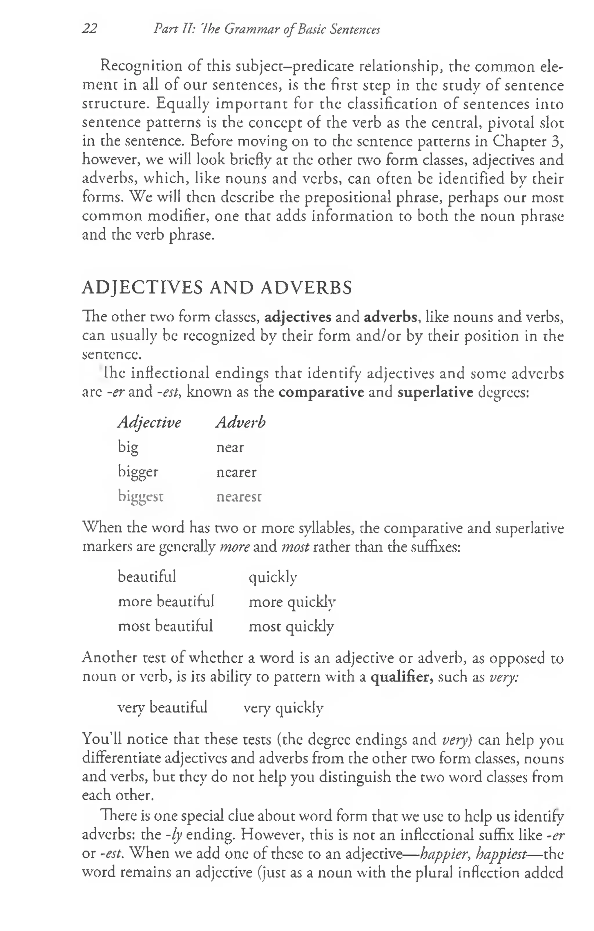 22 Part II: 'Ihe Grammar ofBasic Sentences
Recognition of this subject-predicate relationship, the common ele­
ment in all of our sentences, is the first step in the study of sentence
structure. Equally im portant for the classification of sentences into
sentence patterns is the conccpt of the verb as the central, pivotal slot
in the sentence. Before moving on to the sentence patterns in Chapter 3,
however, we will look briefly at the other two form classes, adjectives and
adverbs, which, like nouns and verbs, can ofren be identified by [heir
forms. We will then describe the prepositional phrase, perhaps our most
common modifier, one that adds information to boch the noun phrase
and the verb phrase.
ADJECTIVES AND ADVERBS
The other two form classes, adjectives and adverbs, like nouns and verbs,
can usually be recognized by their form and/or by their position in the
sentence.
Ihe inflectional endings that identify adjectives and some adverbs
arc -er and -est, known as the comparative and superlative degrees:
Adjective Adverb
big near
bigger nearer
biggest nearest
When the word has two or more syllables, [he comparative and superlative
markers are generally more and most rather than the suffixes:
beautiful quickly
more beautiful more quickly
most beautiful most quickly
Another test of whether a word is an adjective or adverb, as opposed to
noun or verb, is its ability to pattern with a qualifier, such as very:
very beautiful very quickly
You’ll notice that these tests (the degree endings and very) can help you
differentiate adjectives and adverbs from the other two form classes, nouns
and verbs, but they do not help you distinguish the two word classes from
each other.
There is one special clue about word form that we use to help us identify
adverbs: the -ly ending. However, this is not an inflectional suffix like -er
or -est. When we add one of these to an adjective— happier, happiest—the
word remains an adjective (just as a noun with the plural inflection added
 