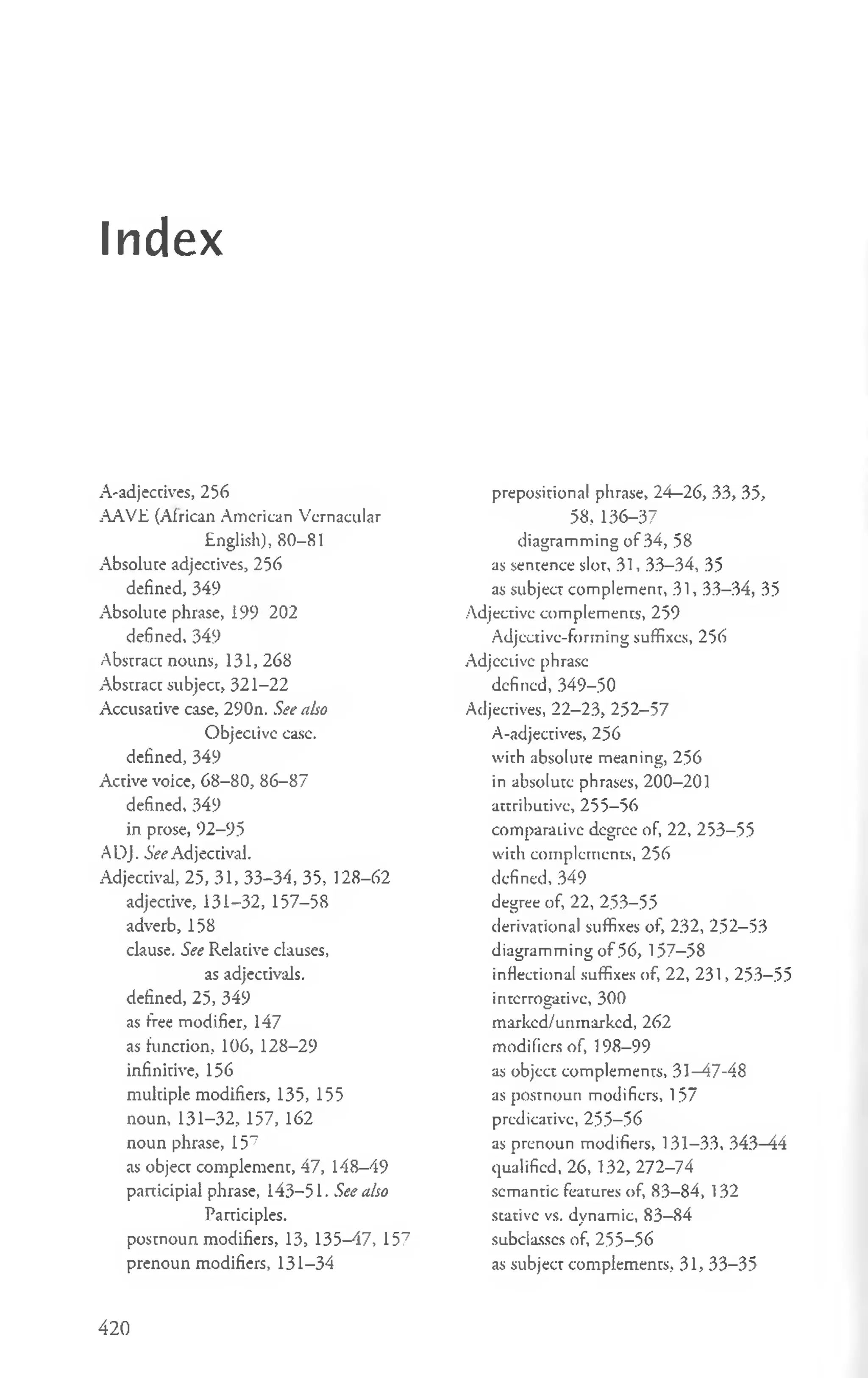Index
A-adjectives, 256
AAV.E (African American Vernacular
English), 80-81
Absolute adjectives, 256
defined, 349
Absolute phrase, 199 202
defined, 349
Abstract nouns, 131,268
Abstract subject, 321-22
Accusative case, 290n. See also
ObjecLivc ease,
defined, 349
Active voice, 68-80, 86-87
defined, 349
in prose, 92-95
ADJ. See Adjectival.
Adjectival, 25, 31, 33-34, 35, 128-62
adjective, 131-32, 157-58
adverb, 158
clause. See Relative clauses,
as adjectivals.
defined, 25, 349
as free modifier, 147
as function, 106, 128-29
infinitive, 156
multiple modifiers, 135, 155
noun, 131-32, 157, 162
noun phrase, 157
as object complement, 47, 148-49
participial phrase, 143-51. See also
Participles,
postnoun modifiers, 13, 135-47, 157
prenoun modifiers, 131-34
prepositional phrase, 24—
26, 33, 35,
58, 136-37
diagramming of 34, 58
as sentence slot, 31, 33-34, 35
as subject complement, 31, 33-34, 35
Adjective complements, 259
Adjective-forming suffixes, 256
Adjective phrase
defined, 349-50
Adjecrives, 22-23, 252-57
A-adjectives, 256
with absolute meaning, 256
in absolute phrases, 200-201
attributive, 255-56
comparative degree of, 22, 253-55
with complements, 256
defined, 349
degree of, 22, 253-55
derivational suffixes of, 232, 252-53
diagramming o f 56, 157—
58
inflectional suffixes of, 22, 231, 253-55
interrogative, 300
marked/unmarked, 262
modifiers of, 198-99
as objcct complements, 31—
47-48
as postnoun modifiers, 157
predicative, 255—
56
as prenoun modifiers, 131-33, 343—
44
qualified, 26, 132, 272-74
semantic feamres of, 83-84, 132
stative vs. dynamic, 83-84
subclasses of, 255-56
as subject complements, 31, 33-35
420
 