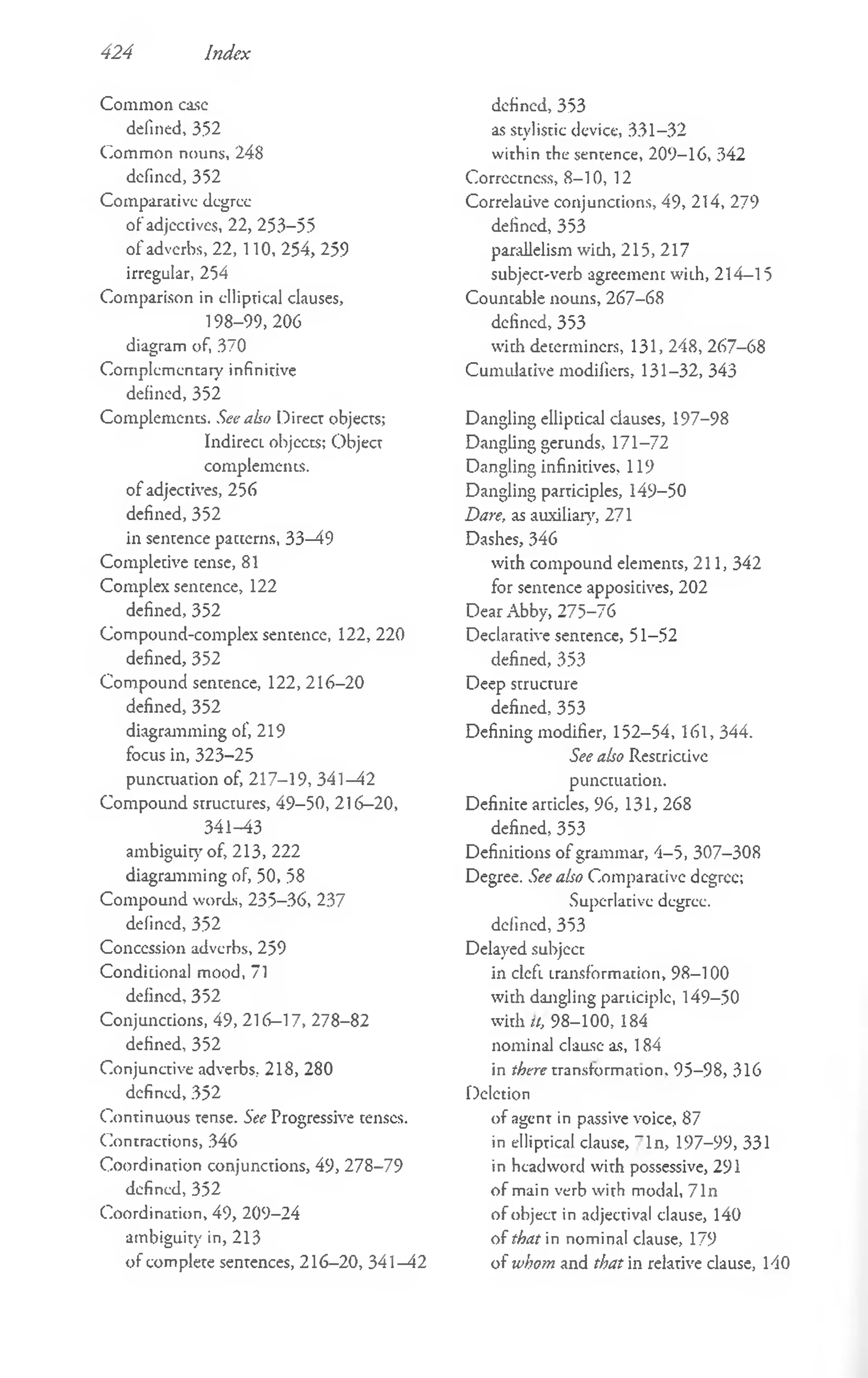 424 Index
Com mon ease
defined, 352
Common nouns, 248
defined, 352
Comparative degree
of adjectives, 22, 253-55
of adverbs, 22, 110, 254, 259
irregular, 254
Comparison in elliptical clauses,
198-99, 206
diagram of, 370
Complementary infinitive
defined, 352
Complements. See also Direct objects;
IndirecL objects; Object
complements,
of adjectives, 256
defined, 352
in sentence paccerns, 33—
49
Complecive cense, 81
Complex sentence, 122
defined, 352
Compound-complex sentence, 122, 220
defined, 352
Compound sentence, 122, 216-20
defined, 352
diagramming of, 219
focus in, 323-25
punctuation of, 217-19, 341 —
42
Com pound structures, 49-50, 216-20,
341-43
ambiguity of, 213, 222
diagramming of, 50, 58
Com pound words, 235-36, 237
defined, 352
Concession adverbs, 259
Conditional mood, 71
defined, 352
Conjunctions, 49, 216—17, 278-82
defined, 352
Conjunctive adverbs, 218, 280
defined,352
Continuous tense. See Progressive tenses.
Contractions, 346
Coordination conjunctions, 49, 278-79
defined, 352
Coordination, 49, 209-24
ambiguity in, 213
o f complete sentences, 216-20, 341 —
42
defined, 353
as stylistic device, 331-32
within the sentence, 209-16, 342
Correctness, 8-10, 12
Correlative conjunctions, 49, 214, 279
defined, 353
parallelism with, 215, 217
subject-verb agreement with, 214-15
Countable nouns, 267-68
defined, 353
with determiners, 131, 248, 267-68
Cumulative modifiers, 131-32, 343
Dangling elliptical clauses, 197-98
Dangling gerunds, 171-72
Dangling infinitives, 119
Dangling participles, 149-50
Dare, as auxiliary, 271
Dashes, 346
with compound elements, 211, 342
for sentence appositives, 202
Dear Abby, 275-76
Declarative sentence, 51-52
defined, 353
Deep structure
defined, 353
Defining modifier, 152-54, 161, 344.
See also Restrictive
punctuation.
Definite articles, 96, 131, 268
defined, 353
Definitions o f grammar, 4-5, 307-308
Degree. See also Comparative degree;
Superlative degree,
defined, 353
Delayed subject
in cleft transformation, 98-100
with dangling participle, 149-50
with a, 98-100, 184
nominal clausc as, 184
in there transformation. 95—
98, 316
Deletion
of agent in passive voice, 87
in elliptical clause, “ In, 197-99, 331
in headword with possessive, 291
o f main verb with modal, 71n
of object in adjectival clause, 140
o f that in nominal clause, 179
o f whom and that in relative clause, 140
 