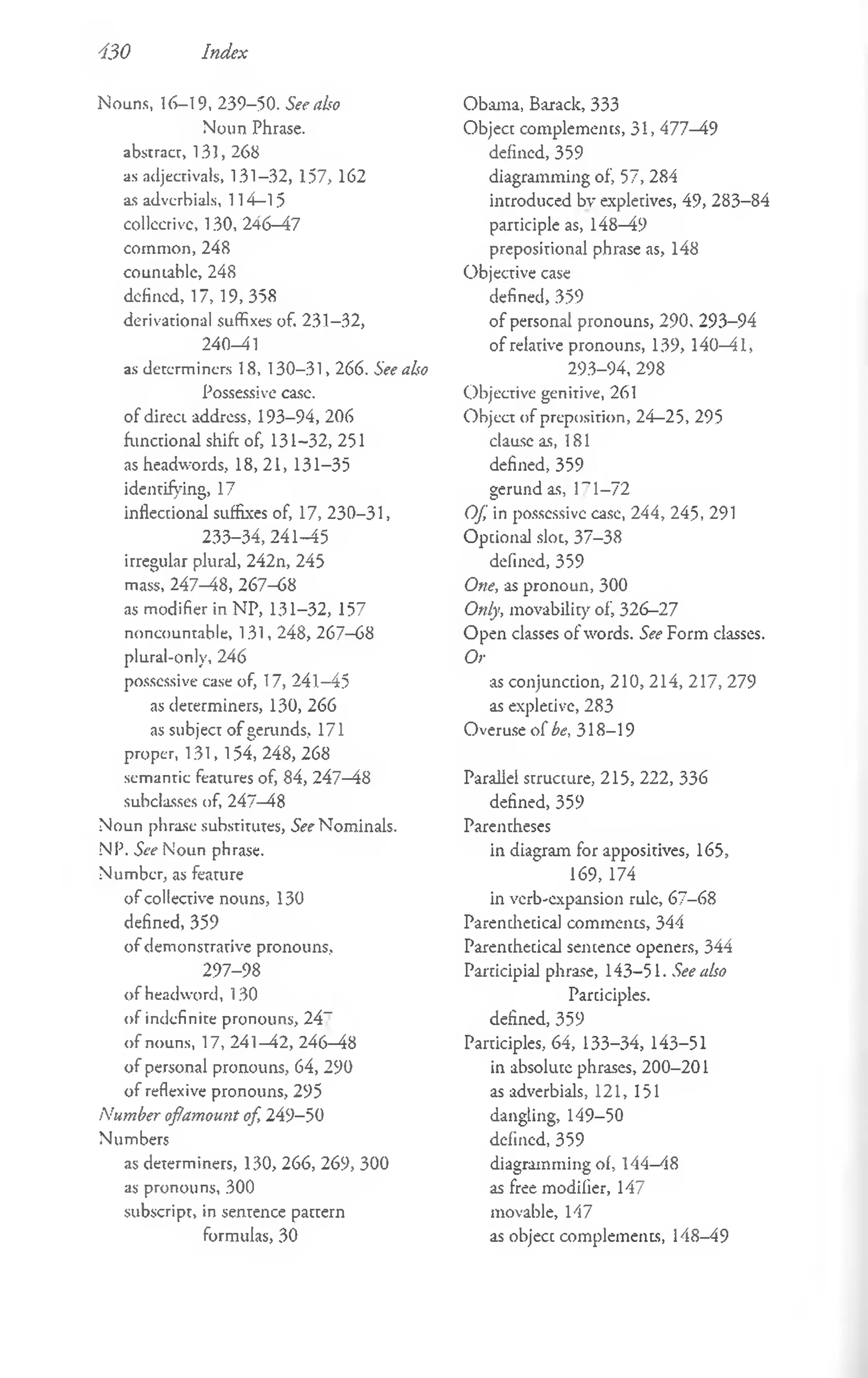 430 Index
Nouns, 16-19, 239-50. See also
Noun Phrase,
abstracr, 13], 268
as adjectivals, 131-32, 157, 162
as adverbials, 114—15
collccrivc, 130, 246-47
common, 248
countable, 248
defined, 17, 19, 358
derivational suffixes of. 231-32,
240—
41
as determiners 18, 130-31, 266. See also
Possessive case,
of direct address, 193-94, 206
functional shift of, 131-32, 251
as headwords, 18, 21, 131-35
identifying, 17
inflectional suffixes of, 17, 230-31,
233-34, 241-45
irregular plural, 242n, 245
mass, 2 4 7 ^ 8 , 267-68
as modifier in NP, 131-32, 157
noncountable, 131, 248, 267-68
plural-only, 246
possessive case of, 17, 241—
45
as determiners, 130, 266
as subject o f gerunds, 171
proper, 131, 154, 248, 268
semantic features of, 84, 247—
48
subclasses of, 247—
48
Noun phrase substitutes, See Nominals.
NP. See Noun phrase.
Number, as feature
o f collective nouns, 130
defined, 359
o f demonstrative pronouns,
297-98
o f headword, 130
of indefinite pronouns, 24~
o f nouns, 17, 241—
42, 246—
48
o f personal pronouns, 64, 290
o f reflexive pronouns, 295
Number ofiamount of, 249-50
Numbers
as determiners, 130, 266, 269, 300
as pronouns, 300
subscript, in sentence pattern
formulas, 30
Obama, Barack, 333
Object complements, 31, 477—
49
defined, 359
diagramming of, 57, 284
introduced by expletives, 49, 283-84
participle as, 148—
49
prepositional phrase as, 148
Objective case
defined, 359
o f personal pronouns, 290, 293-94
of relative pronouns, 139, 140—
41,
293-94, 298
Objective genitive, 261
Object of preposition, 24—
25, 295
clausc as, 181
defined, 359
gerund as, 1~ 1—
72
Of, in possessive case, 244, 245, 291
Optional slot, 37-38
defined, 359
One, as pronoun, 300
Only, movability of, 326-27
O pen classes of words. See Form classes.
Or
as conjunction, 210, 214, 217, 279
as expletive, 283
Overuse o f be, 318-19
Parallel structure, 215, 222, 336
defined, 359
Parentheses
in diagram for appositives, 165,
169, 174
in verb-expansion rule, 67-68
Parenthetical comments, 344
Parenthetical sentence openers, 344
Participial phrase, 143-51. See also
Participles,
defined, 359
Participles, 64, 133-34, 143-51
in absolute phrases, 200-201
as adverbials, 121, 151
dangling, 149-50
defined, 359
diagramming of, 144—
48
as free modifier, 147
movable, 147
as object complements, 148-49
 