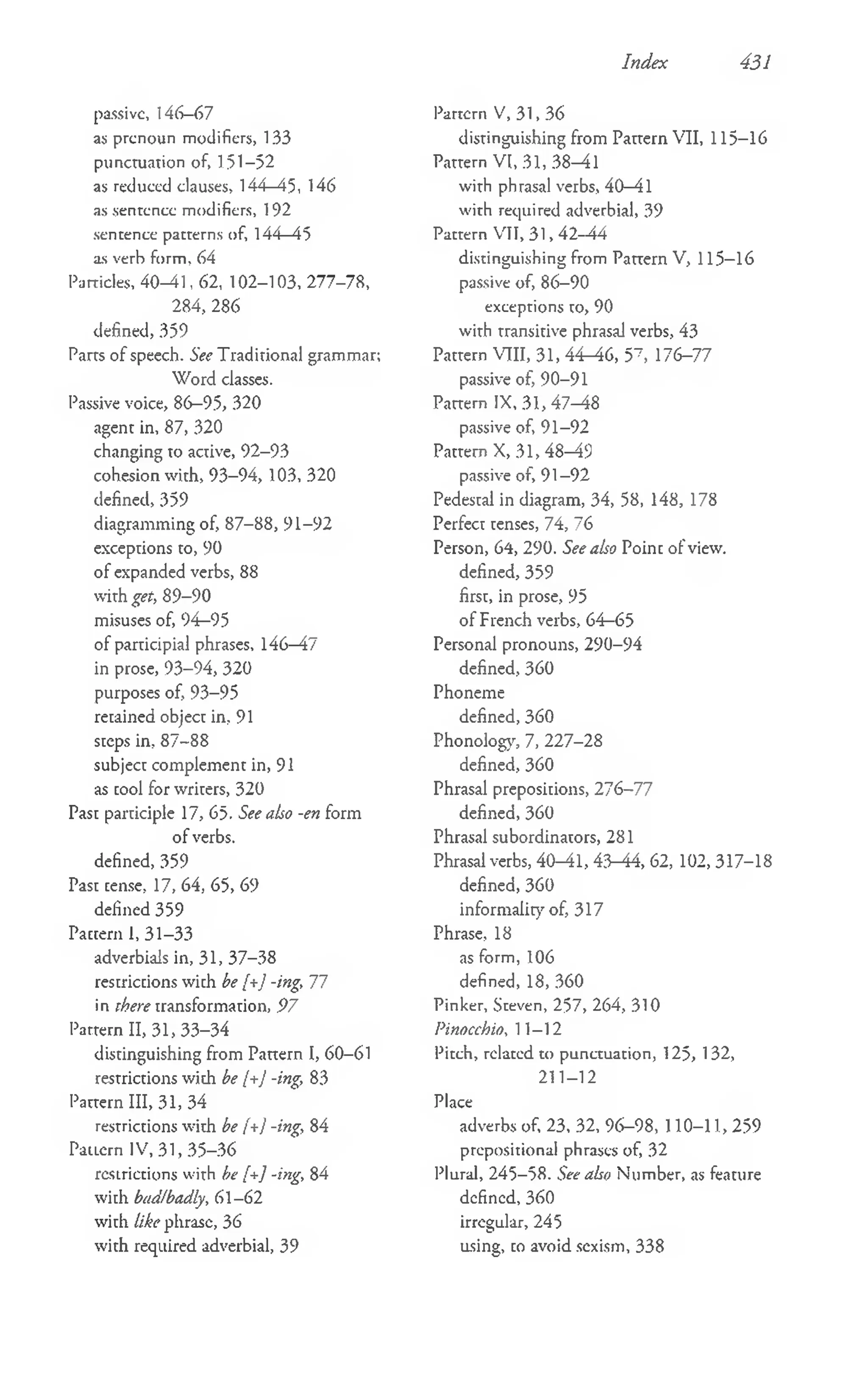 Index 431
passive, 146—
67
as prcnoun modifiers, 133
punctuation of, 151-52
as reduced clauses, 144—
45, 146
as sentence modifiers, 192
sentence patterns of, 144—
45
as verb form, 64
Particles, 40—
41, 62, 102-103, 277-78,
284, 286
defined, 359
Pans of speech. See Traditional grammar;
W ord classes.
Passive voice, 86-95, 320
agent in, 87, 320
changing to active, 92-93
cohesion with, 93-94, 103, 320
defined, 359
diagramming of, 87-88, 91-92
exceptions to, 90
of expanded verbs, 88
with get, 89-90
misuses of, 94—
95
of participial phrases, 146—17
in prose, 93-94, 320
purposes of, 93-95
retained object in, 91
steps in, 87-88
subject complement in, 91
as tool for writers, 320
Past participle 17, 65. See abo -en form
of verbs,
defined, 359
Past tense, 17, 64, 65, 69
defined 359
Pattern 1, 31-33
adverbials in, 31, 37-38
restrictions with be [+] -ing, 77
in there transformation, 9 7
Pattern II, 31, 33-34
distinguishing from Pattern I, 60-61
restrictions with be [+] -ing, 83
Pattern III, 31, 34
restrictions with be [+] -ing, 84
PaiLern IV , 3 1 ,3 5 -3 6
restrictions with be [+] -ing, 84
with bad/badly, 61-62
with like phrase, 36
with required adverbial, 39
Partem V, 31, 36
distinguishing from Pattern VII, 115-16
Pattern VI, 31, 38—
41
with phrasal verbs, 40—
41
with required adverbial, 39
Pattern VII, 31, 42-44
distinguishing from Pattern V, 115—
16
passive of, 86-90
exceptions to, 90
with transitive phrasal verbs, 43
Pattern VIII, 31, 44-46, 57, 176-77
passive of, 90-91
Partem IX, 31, 47-48
passive of, 91-92
Pattern X, 31, 48—
49
passive of, 91 -9 2
Pedestal in diagram, 34, 58, 148, 178
Perfect tenses, 74, 76
Person, 64, 290. See also Point of view,
defined, 359
first, in prose, 95
of French verbs, 64-65
Personal pronouns, 290-94
defined, 360
Phoneme
defined, 360
Phonology, 7, 227-28
defined, 360
Phrasal prepositions, 276-77
defined, 360
Phrasal subordinators, 281
Phrasal verbs, 40-41, 43-44, 62, 102, 317-18
defined, 360
informality of, 317
Phrase, 18
as form, 106
defined, 18, 360
Pinker, Steven, 257, 264, 310
Pinocchio, 11-12
Pitch, related to punctuation, 125, 132,
2 1 1 - 1 2
Place
adverbs of, 23, 32, 96-98, 110-11, 259
prepositional phrases of, 32
Plural, 245-58. See also Number, as feature
defined, 360
irregular, 245
using, to avoid sexism, 338
 
