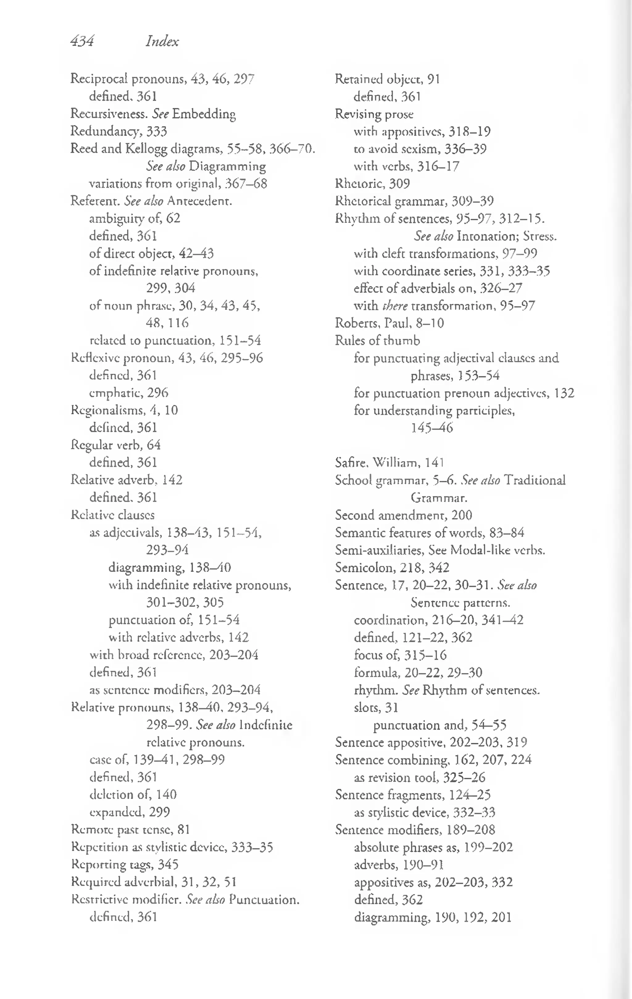 434 Index
Reciprocal pronouns, 43, 46, 297
defined, 361
Recursiveness. See Embedding
Redundancy, 333
Reed and Kellogg diagrams, 55-58, 366-70.
See also Diagramming
variations from original, 367—
68
Referent. See also Antecedent,
ambiguity of, 62
defined, 361
of direct object, 42—
43
of indefinite relative pronouns,
299, 304
of noun phrase, 30, 34, 43, 45,
48, 116
related io punctuation, 151-54
Reflexive pronoun, 43, 46, 295-96
defined, 361
emphatic, 296
Regionalisms, 4, 10
defined, 361
Regular verb, 64
defined, 361
Relative adverb, 142
defined, 361
Relative clauses
as adjectivals, 138-43, 151-54,
293-94
diagramming, 138-40
with indefinite relative pronouns,
301-302,305
punctuation of, 151-54
with relative adverbs, 142
with broad reference, 203-204
defined, 361
as sentence modifiers, 203—
204
Relative pronouns, 138—
40, 293—
94,
298-99. See also Indefinite
relative pronouns,
case of, 139-41, 298-99
defined, 361
deletion of, 140
expanded, 299
Remote past tense, 81
Repetition as stylistic device, 333-35
Reporting tags, 345
Required adverbial, 31, 32, 51
Restrictive modifier. See also PuncLuation.
defined, 361
Retained object, 91
defined, 361
Revising prose
with appositives, 318-19
to avoid sexism, 336-39
with verbs, 316-17
Rhetoric, 309
Rhetorical grammar, 309-39
Rhythm of sentences, 95-97, 312-15.
See also Intonation; Stress,
with cleft transformations, 97-99
w'kh coordinate series, 331, 333-35
effect o f adverbials on, 326-27
with ihere transformation, 95-97
Roberts, Paul, 8-10
Rules of thumb
for punctuating adjectival clauses and
phrases, 153-54
for punctuation prenoun adjectives, 132
for understanding participles,
145—
46
Safire, William, 141
School grammar, 5-6. See also Traditional
Grammar.
Second amendment, 200
Semantic feamres of words, 83-84
Semi-auxiliaries, See Modal-like verbs.
Semicolon, 218, 342
Sentence, 17, 20-22, 30-31. See also
Sentence patterns,
coordination, 216-20, 341 —
42
defined, 121-22, 362
focus of, 315-16
formula, 20-22, 29-30
rhydim. ,&<• Rhythm o f sentences,
slots, 31
punctuation and, 54—
55
Sentence appositive, 202-203, 319
Sentence combining, 162, 207, 224
as revision tool, 325-26
Sentence fragments, 124-25
as stylistic device, 332-33
Sentence modifiers, 189-208
absolute phrases as, 199-202
adverbs, 190-91
appositives as, 202-203, 332
defined, 362
diagramming, 190, 192, 201
 