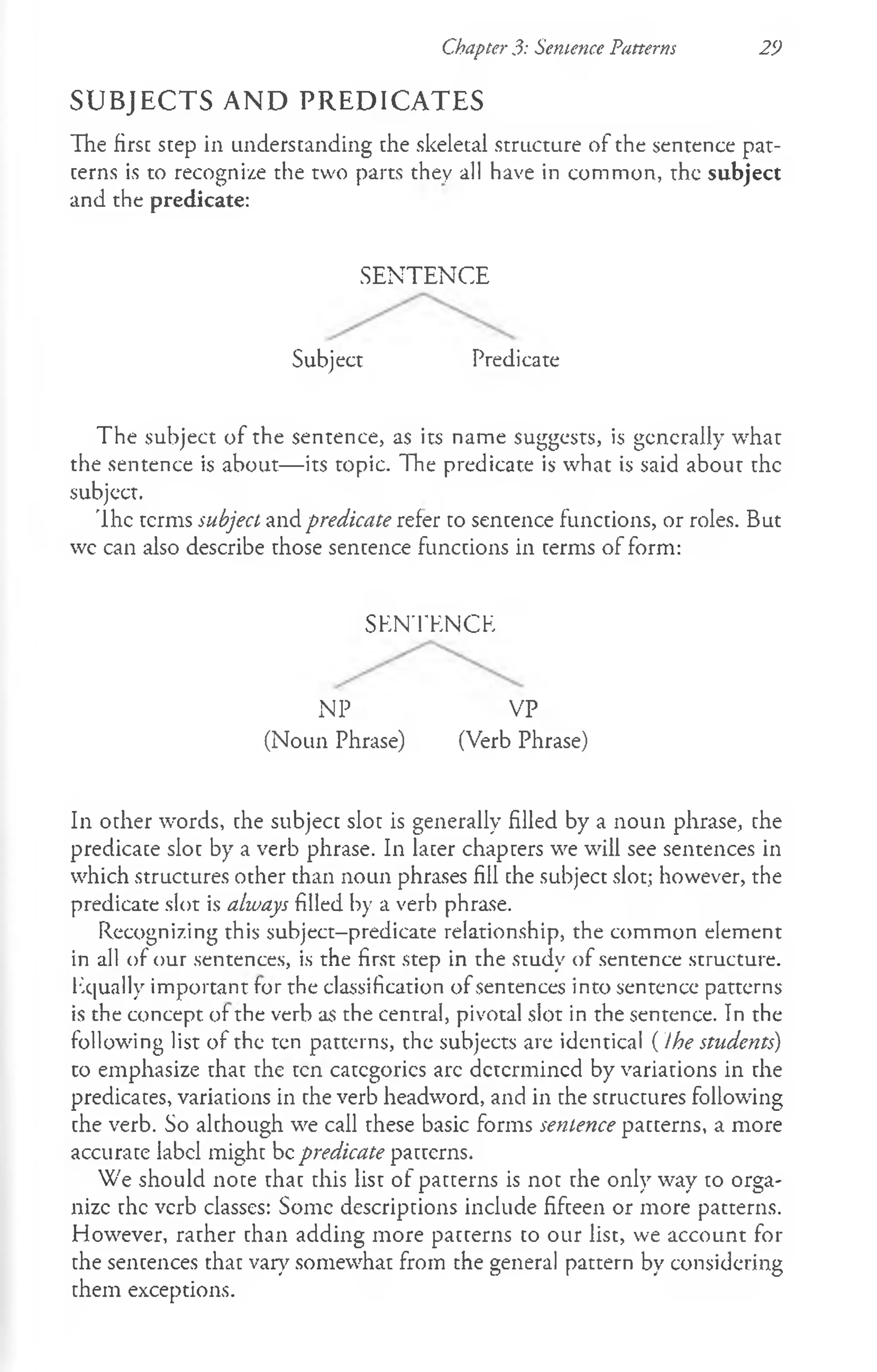 Chapter 3: Sentence Patterns 29
SUBJECTS AND PREDICATES
The first step in understanding the skeletal structure of the sentence pat­
terns is to recognize the two parts they all have in common, the subject
and the predicate:
SENTENCE
Subject Predicate
The subject, of the sentence, as its name suggests, is generally what
the sentence is about— its topic. The predicate is what is said about the
subject.
'lhc terms subject, and predicate refer to sentence functions, or roles. But
wc can also describe those sentence functions in terms of form:
SKNTKNCK
NP VP
(Noun Phrase) (Verb Phrase)
In other words, the subject slot is generally filled by a noun phrase, the
predicate slot by a verb phrase. In later chapters we will see sentences in
which structures other than noun phrases fill the subject slot.; however, the
predicate slot is always filled by a verb phrase.
Recognizing this subject-predicate relationship, the common element
in all of our sentences, is the first step in the study of sentence structure.
Hqually important for the classification of sentences into sentence patterns
is the concept, of the verb as the central, pivotal slot in the sentence. In the
following list of the ten patterns, the subjects are identical ( Ihe students)
to emphasize that the ten categories arc determined by variations in the
predicates, variations in the verb headword, and in the structures following
the verb. So although we call these basic forms sentence patterns, a more
accurate label might be predicate patterns.
We should note that this list of patterns is not the only way to orga­
nize the verb classes: Some descriptions include fifteen or more patterns.
However, rather than adding more patterns to our list, we account for
the sentences that vary somewhat from the general pattern by considering
them exceptions.
 