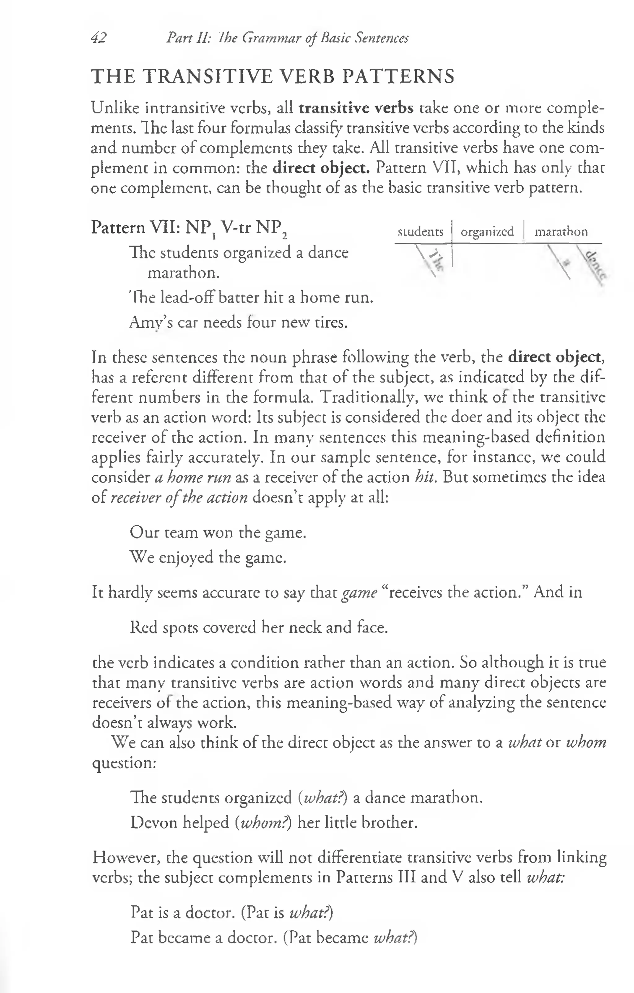 42 Part 11: Ihe Grammar of Basic Sentences
THE TRANSITIVE VERB PATTERNS
Unlike intransitive verbs, all transitive verbs take one or more comple­
ments. Ihe last four formulas classify transitive verbs according to the kinds
and number of complements they take. All transitive verbs have one com­
plement in common: the direct object. Pattern VII, which has only that
one complement, can be thought of as the basic transitive verb pattern.
Pattern VII: NPj V-tr N P 2 smdents organized | marathon
The students organized a dance v>.
marathon. v ''x
'Ihe lead-off'batter hit a home run.
Amy’s car needs four new tires.
In these sentences the noun phrase following the verb, the direct object,
has a referent different from that of the subject, as indicated by the dif­
ferent numbers in the formula. Traditionally, we think of the transitive
verb as an action word: Its subject is considered the doer and its object the
receiver of the action. In many sentences this meaning-based definition
applies fairly accurately. In our sample sentence, for instance, we could
consider a home run as a receiver of the action hit. But sometimes the idea
of receiver o fthe action doesn’t apply at all:
Our team won the game.
We enjoyed the game.
It hardly seems accurate to say that game “receives the action.” And in
Red spots covered her neck and face.
the verb indicates a condition rather than an action. So although it is true
that many transitive verbs are action words and many direct objects are
receivers of the action, this meaning-based way of analyzing the sentence
doesn’t always work.
We can also think of the direct object as the answer to a what or whom
question:
The students organized (what?) a dance marathon.
Devon helped (whom?) her little brother.
However, the question will not differentiate transitive verbs from linking
verbs; the subject complements in Patterns III and V also tell what:
Pat is a doctor. (Pat is what?)
Pat became a doctor. (Pat became what?)
 