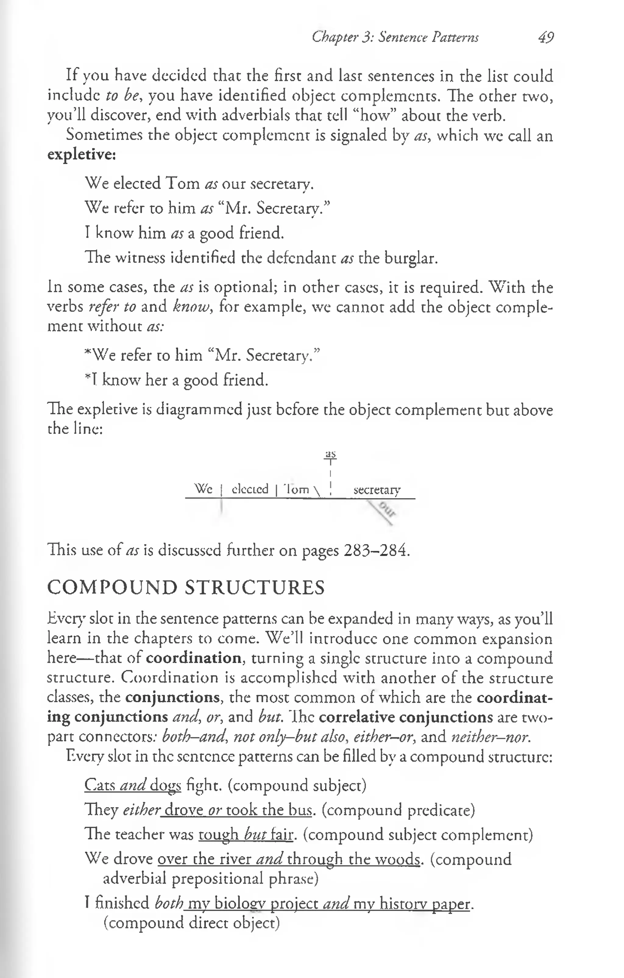 (chapter 3: Sentence Patterns 49
If you have decidcd that the first and last sentences in the list could
includc to be, you have identified object complements. The other w o,
you’ll discover, end with adverbials that tell “how” about the verb.
Sometimes the object complement is signaled by as, which we call an
expletive:
We elected Tom as our secretary.
We refer to him as “Mr. Secretary.”
I know him as a good friend.
The witness identified the defendant as the burglar.
In some cases, the as is optional; in other cases, it is required. W'ith the
verbs refer to and know, for example, we cannot add the object comple­
ment without as:
*We refer to him “Mr. Secretary.”
*1 know her a good friend.
The expletive is diagrammed just before the object complement but above
the line:
as
~r
i
Wc | clccLcd | 'lorn  [ secretary'
This use of as is discusscd further on pages 283-284.
CO M POUND STRUCTURES
Ever)' slot in the sentence patterns can be expanded in many ways, as you’ll
learn in the chapters to come. W e’ll introduce one common expansion
here— that of coordination, turning a single structure into a compound
structure. Coordination is accomplished with another of the structure
classes, the conjunctions, the most common of which are the coordinat­
ing conjunctions and, or, and but. The correlative conjunctions are two-
part connectors: both—
and, not only-but also, either-or, and neither-nor.
Every slot in the sentence patterns can be filled by a compound structure:
Cats and dogs fight, (compound subject)
They either drove or took the bus, (compound predicate)
The teacher was tough but fair, (compound subject complement)
We drove over the river and through the woods, (compound
adverbial prepositional phrase)
I finished both my biology project and my history paper,
(compound direct object)
 