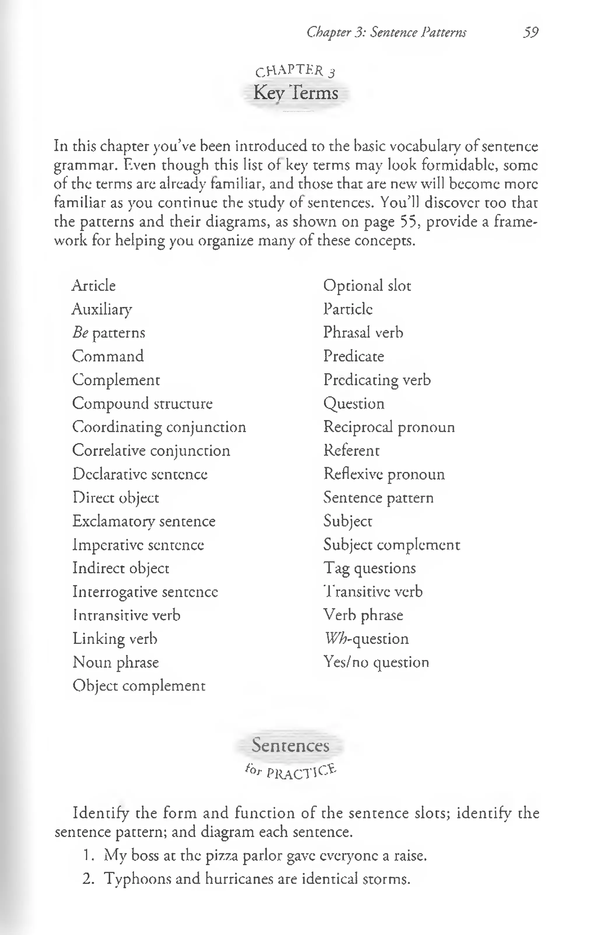 Chapter 3: Sentence Patterns 59
C . H A P T K R 3
Key Terms
In this chapter you’ve been introduced to the basic vocabulary of sentence
grammar. Even though this list of key terms may look formidable, some
of the terms are already familiar, and those that are new will become more
familiar as you continue the study of sentences. You’ll discover too that
the patcerns and their diagrams, as shown on page 55, provide a frame­
work for helping you organize many of these concepts.
Article Optional slot
Auxiliary Particle
Be patterns Phrasal verb
Command Predicate
Complement Predicating verb
Compound structure Question
Coordinating conjunction Reciprocal pronoun
Correlative conjunction Referent
Declarative sentence Reflexive pronoun
Direct object Sentence pattern
Exclamatory sentence Subject
Imperative sentence Subject complement
Indirect object Tag questions
Interrogative sentence Transitive verb
Intransitive verb Verb phrase
Linking verb W%-question
Noun phrase Yes/no question
Object complement
Senrences
f ° r p r a c tic e
Identify the form and function of che sentence slots; identify the
sentence paccern; and diagram each sencence.
1. My boss at the pizza parlor gave everyone a raise.
2. Typhoons and hurricanes are identical storms.
 