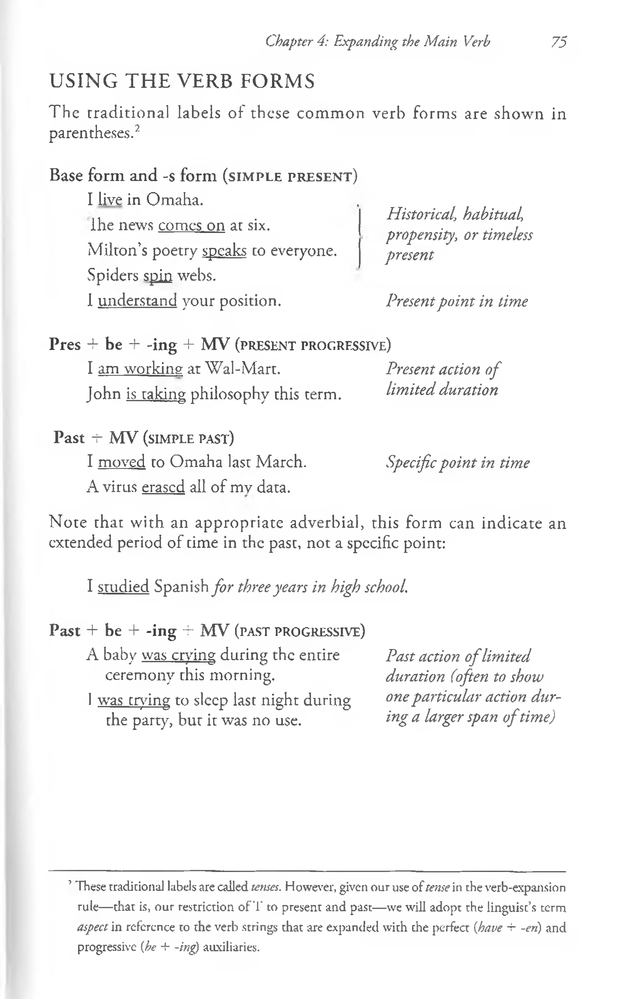 USING THE VERB FORMS
Chapter 4: Expanding the Main Verb 75
The traditional labels of these common verb forms are shown in
parentheses.2
Base f o r m and -s fo r m ( s im p l e p r e s e n t )
I Uve in Omaha. ,
Ihe news comcs on at six.
Milton’s poetry speaks co everyone.
Spiders spin webs.
1 understand your position.
Historical, habitual,
propensity, or timeless
present
Presentpoint in time
Pres + be + -ing + MV (p r e s e n t p ro g re s s iv e )
I am working at Wal-Mart.
John is taking philosophy this term.
Past i- MV (sim p le p a st)
I moved to Omaha last March.
A virus erased all of mv data.
Present action of
limited duration
Specificpoint in time
N ote that with an appropriate adverbial, this form can indicate an
extended period of time in the past, not a specific point:
I studied Spanish for threeyears in high school.
Past + be + -in g - f - MV (p a s t p ro g re s s iv e )
A baby was crying during the entire
ceremony this morning.
I wras crying to sleep last night during
the party, bur it was no use.
Past action o flimited
duration (often to show
oneparticular action dur­
ing a larger span o ftimej
’ These traditional labels are called tenses. However, given our use of tense in the verb-expansion
rule— that is, our restriction o f T to present and past— we will adopt the linguist’s term
aspect in reference to the verb strings that are expanded with the perfect (have + -en) and
progressive {be + -ing) auxiliaries.
 