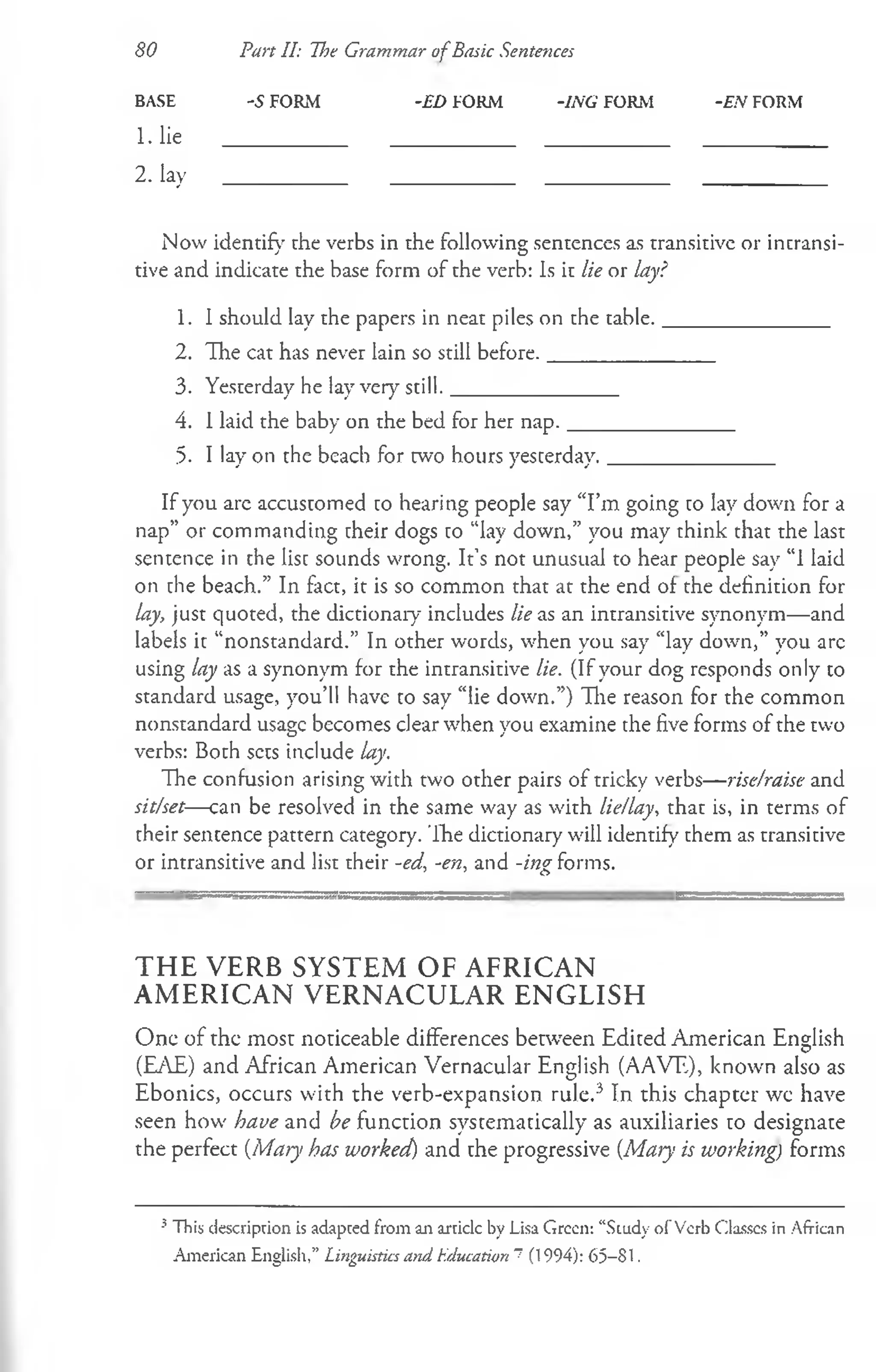 BASE -5 FORM -ED FORM -ING FORM -EN FORM
l.lie ___________ ___________ ___________ ___________
2. lay ____________ ____________ ____________ ____________
Now identify the verbs in the following sentences as transitive or intransi­
tive and indicate the base form of the verb: Is it lie or lay?
1. I should lay the papers in neat piles on the table._______________
2. The cat has never lain so still before._______________
3. Yesterday he lay very still._______________
4. 1laid the baby on the bed for her nap._______________
5. I lay on the beach for two hours yesterday._______________
If you arc accustomed co hearing people say “I’m going co lay down for a
nap” or commanding cheir dogs co “lay down,” you may think that the last
sentence in che lisc sounds wrong. It’s not unusual to hear people say “I laid
on che beach.” In fact, it is so common that at the end of the definition for
lay, just quoted, the dictionary includes lie as an intransitive synonym—and
labels it “nonstandard.” In other words, when you say “lay down,” you arc
using lay as a synonym for the intransitive lie. (If your dog responds only to
standard usage, you’ll have to say “lie down.”) The reason for the common
nonstandard usage becomes clear when you examine the five forms of the two
verbs: Both sets include lay.
The confusion arising with two other pairs of tricky verbs—rise/raise and
sit/set—can be resolved in the same way as with lie/lay, that is, in terms of
their sencence pattern category. The dictionary will identify them as transitive
or intransitive and list their -ed, -en, and -ing forms.
’ 1 O
80 Pun II: The Grammar ofBasic Sentences
THE VERB SYSTEM OF AFRICAN
AMERICAN VERNACULAR ENGLISH
One of the most noticeable differences between Edited American English
(EAE) and African American Vernacular English (AAVE), known also as
Ebonics, occurs with the verb-expansion rule.3 In this chapter wc have
seen how have and be function systematically as auxiliaries to designate
the perfect (Mary has worked) and the progressive (Mary is working) forms
5 This description is adapted from an arriclc by Lisa Green: “Study of Verb Classes in African
American English,” Linguistics and Education 7 (1994): 65-81.
 