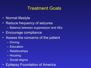 Treatment Goals
• Normal lifestyle
• Reduce frequency of seizures
– Balance between suppression and AEs

• Encourage compliance
• Assess the concerns of the patient
–
–
–
–
–

Driving
Education
Relationships
Housing
Social stigma

• Epilepsy Foundation of America

 