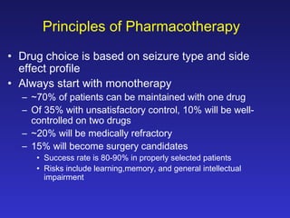 Principles of Pharmacotherapy
• Drug choice is based on seizure type and side
effect profile
• Always start with monotherapy

– ~70% of patients can be maintained with one drug
– Of 35% with unsatisfactory control, 10% will be wellcontrolled on two drugs
– ~20% will be medically refractory
– 15% will become surgery candidates
• Success rate is 80-90% in properly selected patients
• Risks include learning,memory, and general intellectual
impairment

 