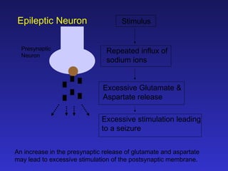 Epileptic Neuron
Presynaptic
Neuron

Stimulus

Repeated influx of
sodium ions
Excessive Glutamate &
Aspartate release
Excessive stimulation leading
to a seizure

An increase in the presynaptic release of glutamate and aspartate
may lead to excessive stimulation of the postsynaptic membrane.

 