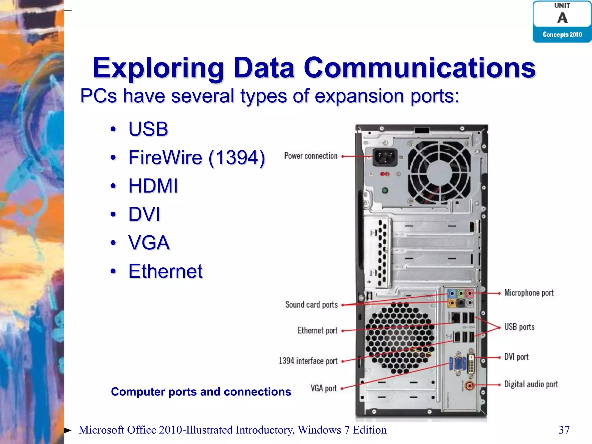 Exploring Data Communications PCs have several types of expansion ports: • USB • FireWire (1394) • HDMI • DVI • VGA • Ethernet Computer ports and connections Microsoft Office 2010-Illustrated Introductory, Windows 7 Edition 37 