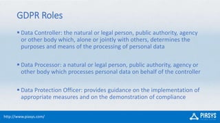 http://www.piasys.com/
GDPR Roles
 Data Controller: the natural or legal person, public authority, agency
or other body w...