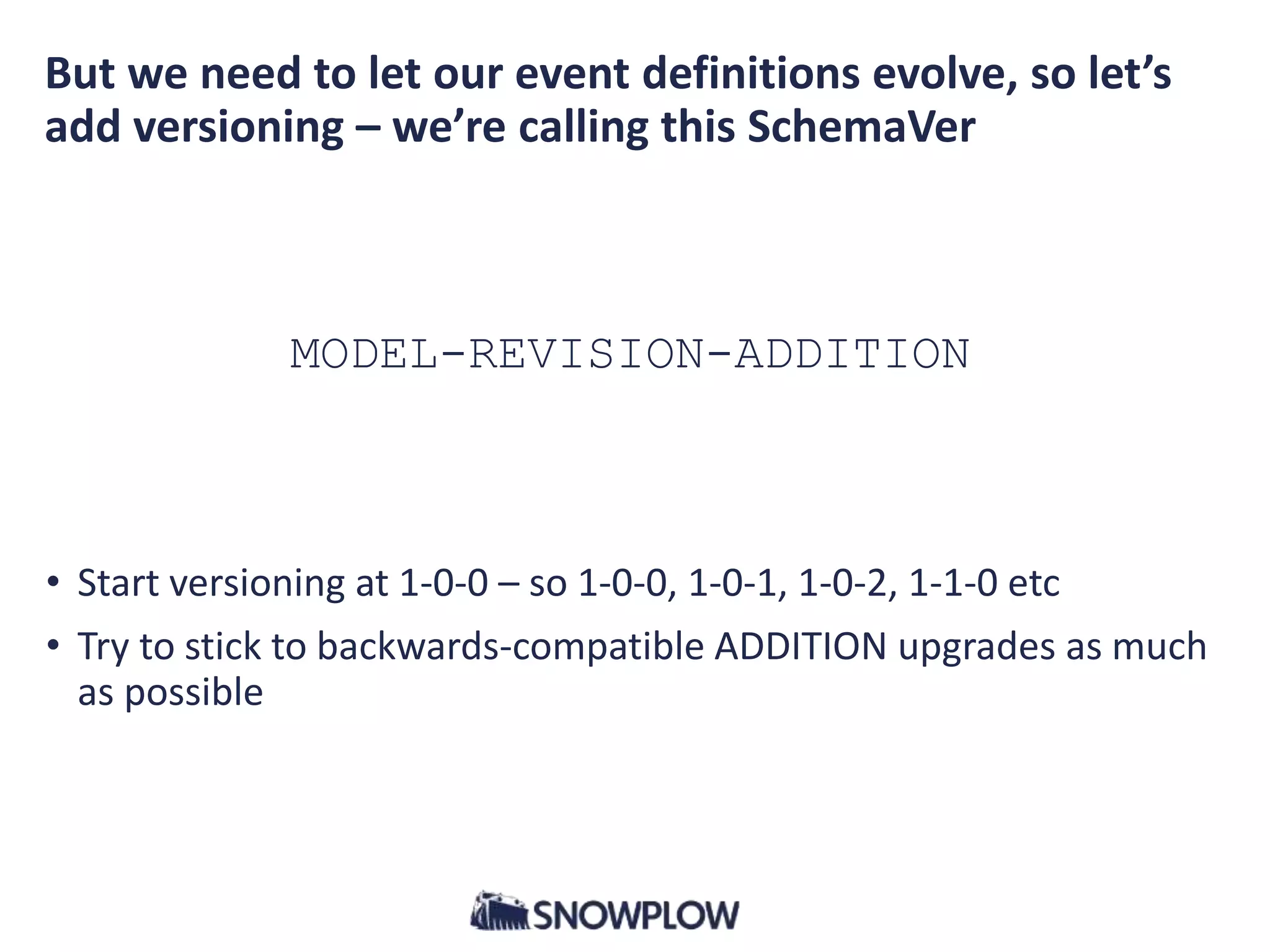 But we need to let our event definitions evolve, so let’s
add versioning – we’re calling this SchemaVer
MODEL-REVISION-ADDITION
• Start versioning at 1-0-0 – so 1-0-0, 1-0-1, 1-0-2, 1-1-0 etc
• Try to stick to backwards-compatible ADDITION upgrades as much
as possible
 