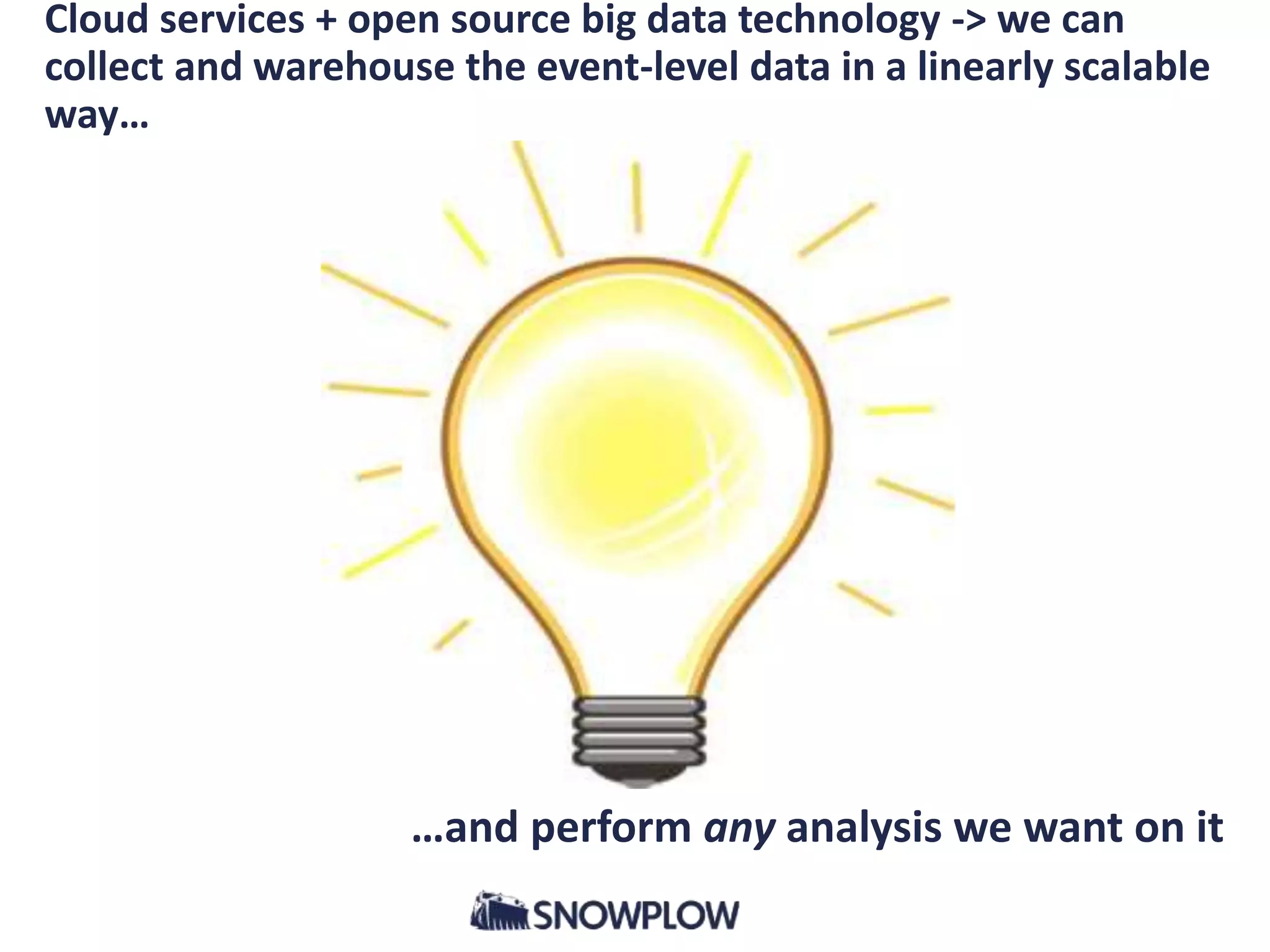 Cloud services + open source big data technology -> we can
collect and warehouse the event-level data in a linearly scalable
way…
…and perform any analysis we want on it
 