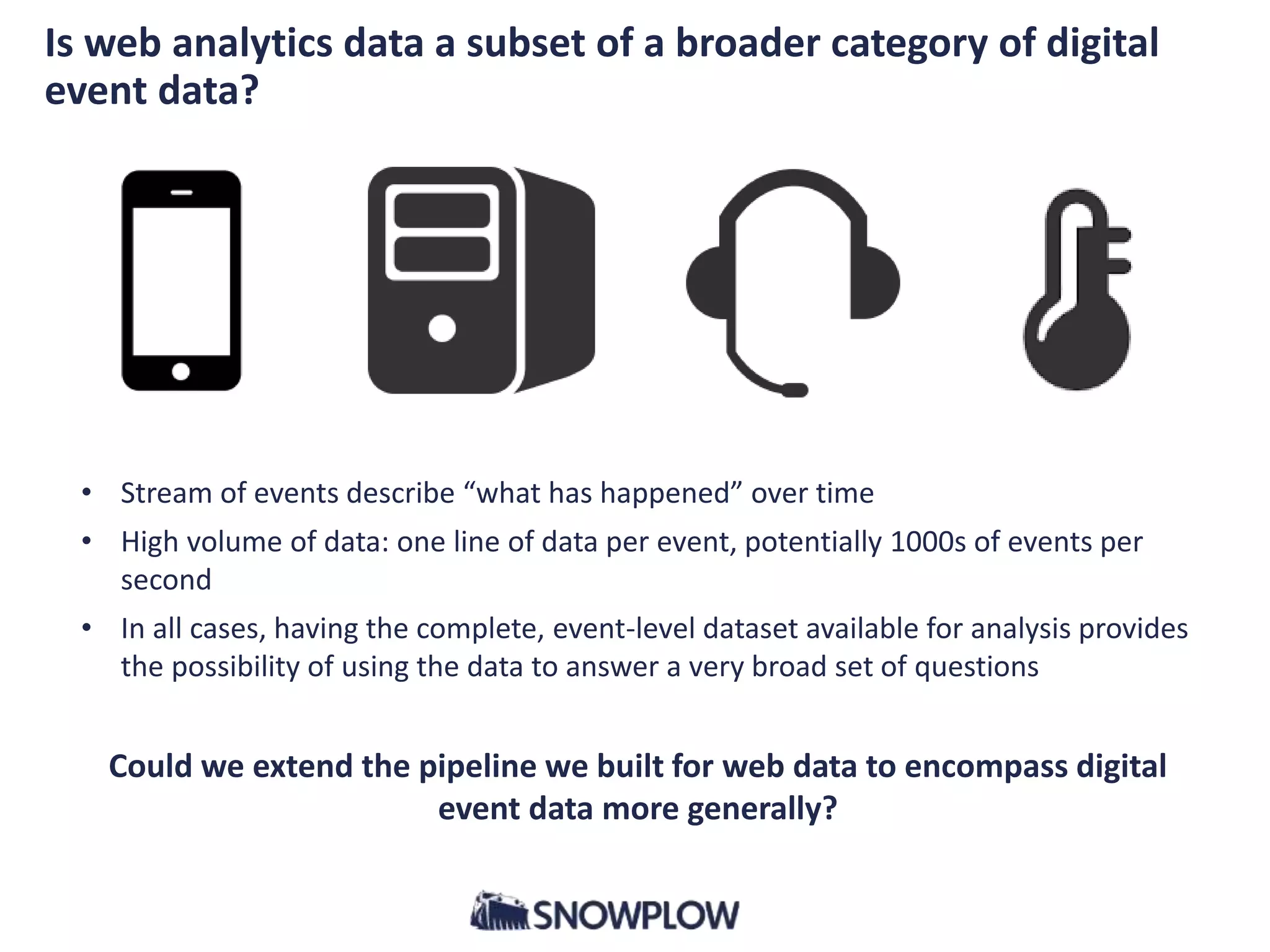 Is web analytics data a subset of a broader category of digital
event data?
• Stream of events describe “what has happened” over time
• High volume of data: one line of data per event, potentially 1000s of events per
second
• In all cases, having the complete, event-level dataset available for analysis provides
the possibility of using the data to answer a very broad set of questions
Could we extend the pipeline we built for web data to encompass digital
event data more generally?
 