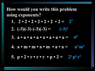 How would you write this problem
using exponents?
1. 2 • 2 • 2 • 2 • 2 • 2 • 2 =
2. (-3)(-3) (-3)(-3) =
3. a • a • a • a • a • a • a • a =
4. a • m • m • a • m • a • a =
5. p • 2 • r • r • r • p • 2 =
27
(-3)4
a8
a4
m3
22
p2
r3