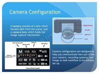 Camera Configuration
Camera configurators are designed to
help you communicate how you’d like
your camera, recording systems, and
image or look workflow to be initially
set up.
A camera consists of a lens which
focuses light from the scene, and
a camera body which holds the
image capture mechanism.
 