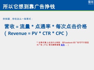 뵽Ǯ

֪ôһʽ


Ӫ =  * ͨ * ÿε۸
Revenue = PV * CTR * CPC
                ** ʽȥûʲôر𣬵Facebook Ĺɲֻ
                ʾ棨P.S. ʽ뿴 ˴ 
 