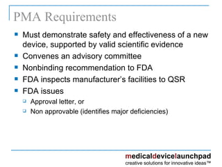 PMA Requirements Must demonstrate safety and effectiveness of a new device, supported by valid scientific evidence Convenes an advisory committee Nonbinding recommendation to FDA FDA inspects manufacturer’s facilities to QSR FDA issues  Approval letter, or Non approvable (identifies major deficiencies) PMA 