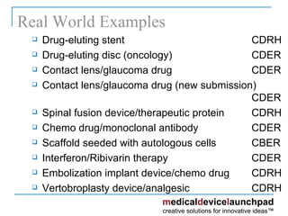Real World Examples Drug-eluting stent CDRH Drug-eluting disc (oncology) CDER Contact lens/glaucoma drug CDER Contact lens/glaucoma drug (new submission) CDER Spinal fusion device/therapeutic protein CDRH Chemo drug/monoclonal antibody CDER Scaffold seeded with autologous cells CBER Interferon/Ribivarin therapy CDER Embolization implant device/chemo drug CDRH Vertobroplasty device/analgesic CDRH 