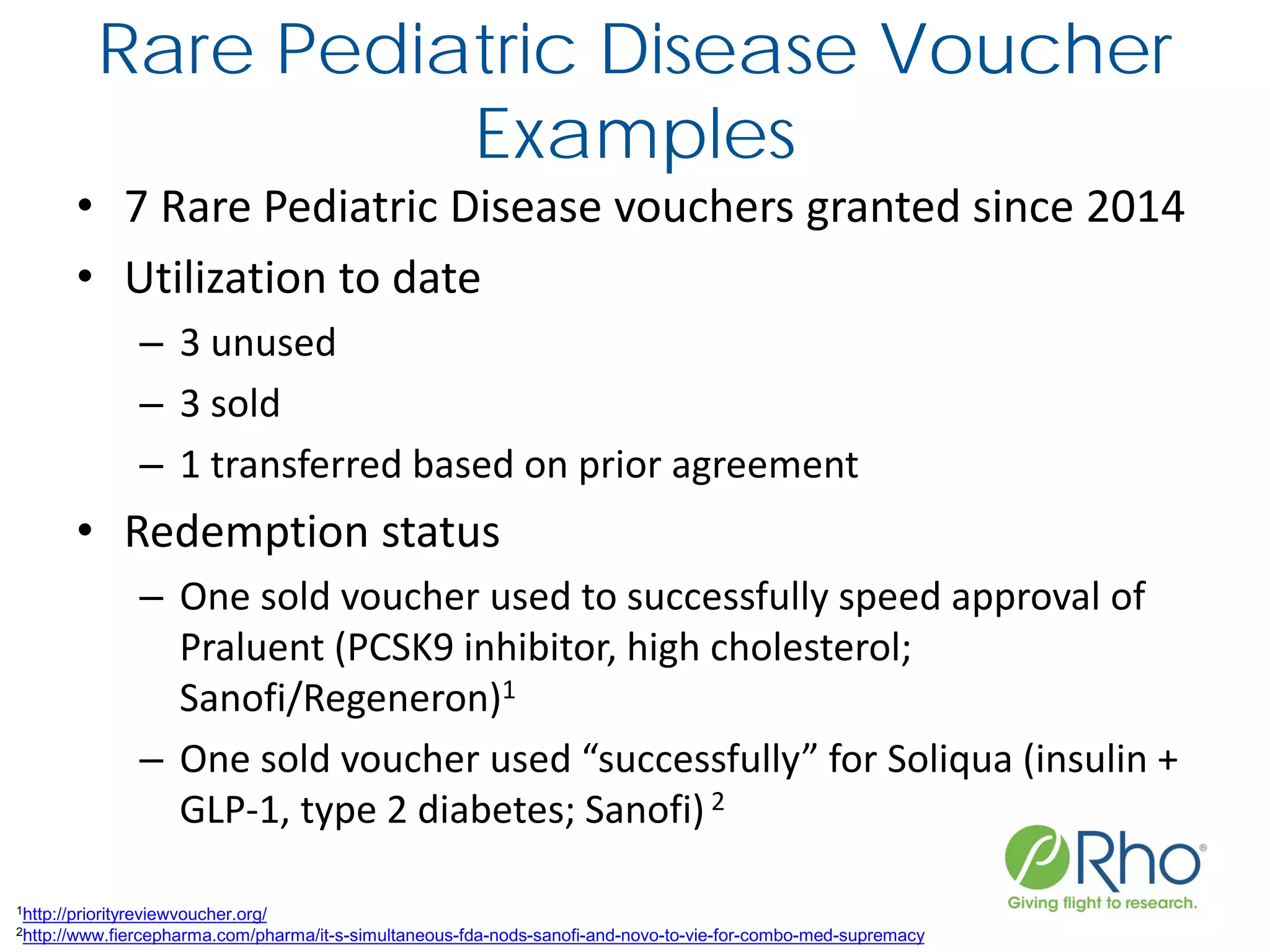 Rare Pediatric Disease Voucher
Examples
• 7 Rare Pediatric Disease vouchers granted since 2014
• Utilization to date
– 3 unused
– 3 sold
– 1 transferred based on prior agreement
• Redemption status
– One sold voucher used to successfully speed approval of
Praluent (PCSK9 inhibitor, high cholesterol;
Sanofi/Regeneron)1
– One sold voucher used “successfully” for Soliqua (insulin +
GLP-1, type 2 diabetes; Sanofi)2
1http://priorityreviewvoucher.org/
2http://www.fiercepharma.com/pharma/it-s-simultaneous-fda-nods-sanofi-and-novo-to-vie-for-combo-med-supremacy
 