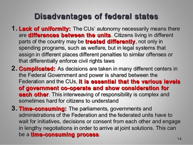 Disadvantages of federal statesDisadvantages of federal states
1.1. Lack of uniformity:Lack of uniformity: The CUs’ autono...