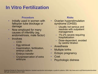 In Vitro Fertilization Procedure Initially used in women with fallopian tube blockage or damage Now employed for many causes of infertility (eg, endometriosis, male factor) Involves COS Egg retrieval Insemination, fertilization, embryo culture Embryo transfer Cryopreservation of extra embryos Risks Ovarian hyperstimulation  syndrome (OHSS) Usually not serious and resolves with outpatient management 1%-2% severe requiring hospitalization Dose-dependent, avoided by careful titration Anesthesia Multiple births Ectopic pregnancy Cost Psychologic distress American Society for Reproductive Medicine. Assisted reproduction technologies: a guide for patients. 2008. http://www.asrm.org/Patients/patientbooklets/ART.pdf. Accessed April 20, 2009. 