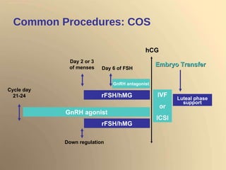 Common Procedures: COS IVF or ICSI rFSH/hMG Day 2 or 3 of menses GnRH agonist Cycle day 21-24 Down regulation Luteal phase support Embryo Transfer GnRH antagonist Day 6 of FSH rFSH/hMG hCG 