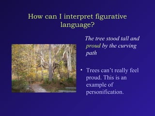 How can I interpret figurative
language?
The tree stood tall and
proud by the curving
path
• Trees can’t really feel
proud. This is an
example of
personification.
 