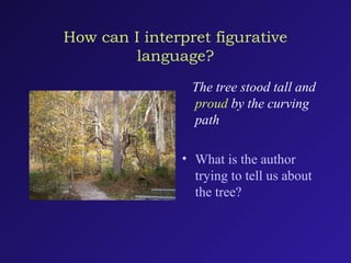 How can I interpret figurative
language?
The tree stood tall and
proud by the curving
path
• What is the author
trying to tell us about
the tree?
 