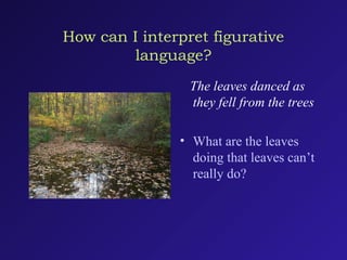 How can I interpret figurative
language?
The leaves danced as
they fell from the trees
• What are the leaves
doing that leaves can’t
really do?
 