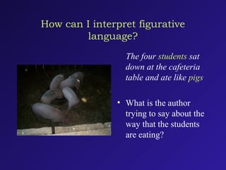 How can I interpret figurative
language?
The four students sat
down at the cafeteria
table and ate like pigs
• What is the author
trying to say about the
way that the students
are eating?
 