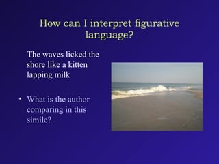 How can I interpret figurative
language?
The waves licked the
shore like a kitten
lapping milk
• What is the author
comparing in this
simile?
 