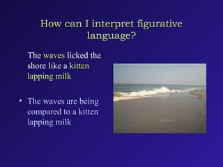 How can I interpret figurative
language?
The waves licked the
shore like a kitten
lapping milk
• The waves are being
compared to a kitten
lapping milk
 
