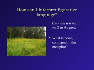 How can I interpret figurative
language?
The math test was a
walk in the park
• What is being
compared in this
metaphor?
 