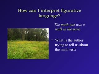 How can I interpret figurative
language?
The math test was a
walk in the park
• What is the author
trying to tell us about
the math test?
 