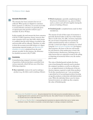 The Balance Sheet: Assets




    Accounts Receivable                                                Work-in-process—partially completed goods in
4
                                                                       the process of manufacture (e.g., pieces of fabric
    The amounts due from customers but not yet
                                                                       such as a sleeve and cuff sewn together during the
    collected. When goods are shipped to customers
                                                                       process of making a blouse).
    before payment or collection, an account receivable
    is created whereby customers are generally given
                                                                       Finished goods—completed items ready for their
    an agreed-upon time period in which to pay—
                                                                       intended use.
    normally 30, 60 or 90 days.

                                                                    The amount of each of these types of inventories is
    In this example, the total amount due from customers
                                                                    generally disclosed either on the face of the balance
    is $158,375,000. Experience shows, however, that
                                                                    sheet or in the notes. For ABC, inventory represents
    some customers fail to pay their bills, which means
                                                                    the cost of items on hand that were purchased
    it is unlikely that the entire balance recorded as due
                                                                    and/or manufactured for sale to customers. To
    and receivable will be collected. Therefore, in order
                                                                    provide a conservative ﬁgure, inventories are valued
    to show the accounts receivable balance as a ﬁgure
                                                                    using the lower of cost or market rule. For balance-
    representing expected receipts, an allowance for
                                                                    sheet purposes, the lower of the two will usually
    doubtful accounts is deducted from the total
                                                                    be cost; however, if the market price is lower due
    amount recorded. In this instance, the allowance
                                                                    to deterioration, obsolescence, declining prices or
    for doubtful accounts is $2,375,000.
                                                                    other factors that are expected to result in the selling
                                                                    or disposing of inventories below cost, the market
    Inventories
5                                                                   price is used.
    A manufacturing company’s inventory consists
    of quantities of physical products assembled from               The value of ﬁnished goods includes the direct
    various materials, which fall into one of the three             costs of purchasing the materials used to produce
    following categories:                                           the company’s products, as well as an allocation
                                                                    (i.e., an apportionment or dividing up) of the pro-
      Raw materials—items to be used in making a                    duction expenses required to make those products.
      product (e.g., the fabric used in making a blouse).           To do this, manufacturers use “cost accounting,”
                                                                    a specialized set of accounting procedures focusing
                                                                    on speciﬁc products, to determine individual product
                                                                    costs. When the individual direct costs for manu-
                                                                    factured inventory are added up, they comprise
                                                                    the value of ﬁnished goods.




        Allowance for Doubtful Accounts Amounts deducted from the total accounts receivable balance as a way of
            recognizing that some customers will not pay what they owe. Also called Provision for Doubtful Accounts, Reserve
            for Doubtful Accounts or Bad Debt Reserve.

        Lower of Cost or Market Rule A rule providing that inventories be valued at either their cost or market value,
            whichever is lower. The intent is to provide a conservative figure in valuing a company’s inventories.




                                                                                                                     page 7
 
