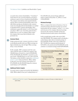 The Balance Sheet: Liabilities and Shareholders’ Equity




     are paid to the common shareholders. “Cumulative”           $13,500,000, this amount brings additional
     means that if in any year the dividend is not paid, it      paid-in capital at December 31, 2004, to a total
     continues to grow in favor of preferred shareholders.       of $20,000,000.
     The company must declare total unpaid dividends
     and pay them to preferred shareholders when avail-          Retained Earnings
                                                                                                                              17
     able, before paying any dividends on the common
                                                                 When a company ﬁrst starts in business, it has no
     stock. Even though preferred shareholders are entitled
                                                                 retained earnings. Retained earnings are accumu-
     to dividends before common shareholders, their
                                                                 lated proﬁts that the company “retains”—i.e., earns
     entitlement is generally limited—to $5.83 per share
                                                                 and reinvests in the company. Retained earnings
     annually in ABC’s case. Generally, preferred share-
                                                                 increase by the amount of proﬁts earned, less
     holders have no voice in company affairs unless
                                                                 dividends declared and/or paid to shareholders.
     the company fails to pay them dividends at the
     promised rate.
                                                                 In the example below, proﬁts at the end of 2003
                                                                 were $40,500,000. The company paid no dividends—
     Common Stock
15                                                               so the balance sheet shows retained earnings of
     Unlike preferred stock, common stock has no limit           $219,600,000. Proﬁts at the end of 2004 were
     on dividends payable each year. When earnings are           $47,750,000; the company paid dividends of
     high, dividends may also be high. When earnings             $350,000 on the preferred and $18,000,000 on the
     drop, so may dividends.                                     common—so retained earnings totaled $249,000,000.

     In the example, ABC’s common stock has a par
     value of $5.00 a share. In 2004, the company sold            Calculating Accumulated Retained Earnings
                                                                  (Dollars in Thousands)
     500,000 shares of stock for a total of $9,000,000.                                          2004                2003
     Of the $9,000,000, $2,500,000 is reported as com-
     mon stock—500,000 shares at a par value of $5.00.            Accumulated Retained
                                                                    Earnings at Beginning
     The balance of $6,500,000 is reported as additional
                                                                    of Year                     $219,600        $179,100
     paid-in capital (discussed below). When added
     to the prior year-end common stock balance of                Profit                        $ 47,750        $ 40,500
     $72,500,000, the $2,500,000 brings the common                Preferred Dividends                (350)                —
     stock balance to $75,000,000.
                                                                  Common Dividends                (18,000)                —

     Additional Paid-In Capital                                   Accumulated Retained
16                                                                  Earnings at End of Year     $249,000        $219,600
     As noted, paid-in capital increased by $6,500,000 in
     2004. When added to last year’s ending balance of




         Additional Paid-In Capital The amount paid by shareholders in excess of the par, or stated value, of
             each share.




                                                                                                                page 15
 