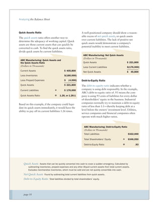Analyzing the Balance Sheet




Quick Assets Ratio                                              A well-positioned company should show a reason-
                                                                able excess of net quick assets, or quick assets
The quick assets ratio offers another way to
                                                                over current liabilities. The lack of positive net
determine the adequacy of working capital. Quick
                                                                quick assets would demonstrate a company’s
assets are those current assets that can quickly be
                                                                potential inability to meet current liabilities.
converted to cash. To ﬁnd the quick assets ratio,
divide quick assets by current liabilities.
                                                                  ABC Manufacturing: Net Quick Assets
                                                                  (Dollars in Thousands)
 ABC Manufacturing: Quick Assets and
 the Quick Assets Ratio                                           Quick Assets                                  $ 221,800
 (Dollars in Thousands)                                           Less Current Liabilities                      $(176,000)
 Current Assets                               $ 405,800           Net Quick Assets                              $ 45,800
 Less Inventories                             $(180,000)

 Less Prepaid Expenses                        $   (4,000)       Debt-to-Equity Ratio
 Quick Assets                                 $ 221,800         The debt-to-equity ratio indicates whether a
 Current Liabilities                ÷         $ 176,000         company is using debt responsibly. In the example,
                                                                ABC’s debt-to-equity ratio of .93 means the com-
 Quick Assets Ratio                 =    1.26, or 1.26:1        pany is using 93 cents of liabilities for every dollar
                                                                of shareholders’ equity in the business. Industrial
                                                                companies normally try to maintain a debt-to-equity
Based on this example, if the company could liqui-
                                                                ratio of less than 1:1—thereby keeping debt at a
date its quick assets immediately, it would have the
                                                                level below the owners’ investment level. Utilities,
ability to pay off its current liabilities 1.26 times.
                                                                service companies and ﬁnancial companies often
                                                                operate with much higher ratios.


                                                                   ABC Manufacturing: Debt-to-Equity Ratio
                                                                   (Dollars in Thousands)
                                                                   Total Liabilities                             $322,000

                                                                   Total Shareholders’ Equity              ÷     $346,050

                                                                   Debt-to-Equity Ratio                    =          .93




    Quick Assets Assets that can be quickly converted into cash to cover a sudden emergency. Calculated by
         subtracting inventories, prepaid expenses and any other illiquid current assets from total current assets.
         Excludes merchandise inventories, which must be sold and are not quickly convertible into cash.

    Net Quick Assets Found by subtracting total current liabilities from quick assets.
    Debt-to-Equity Ratio Total liabilities divided by total shareholders’ equity.




    page 18
 
